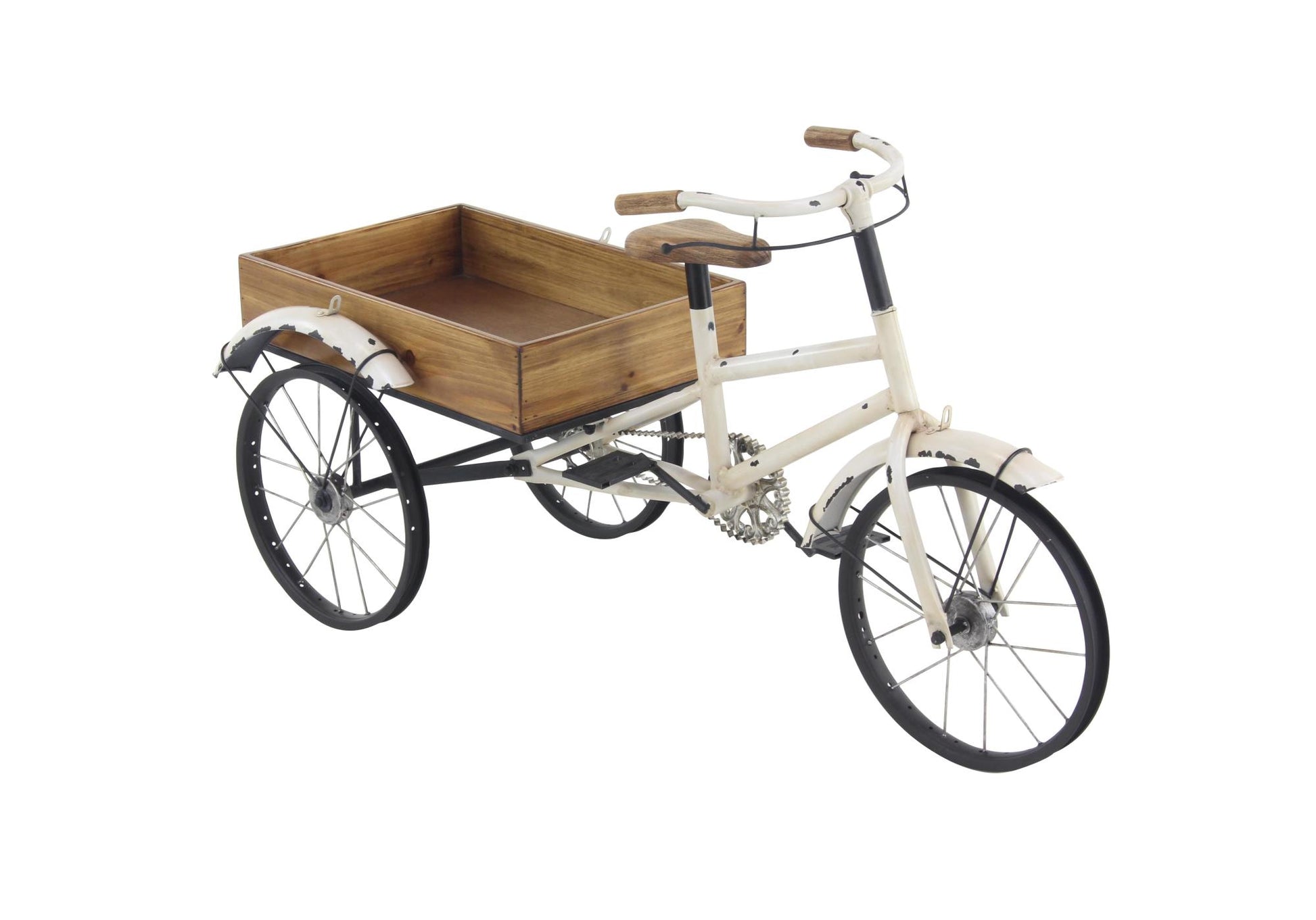 Bike White Metal Vintage Indoor Outdoor Plantstand with Brown Wood Accents