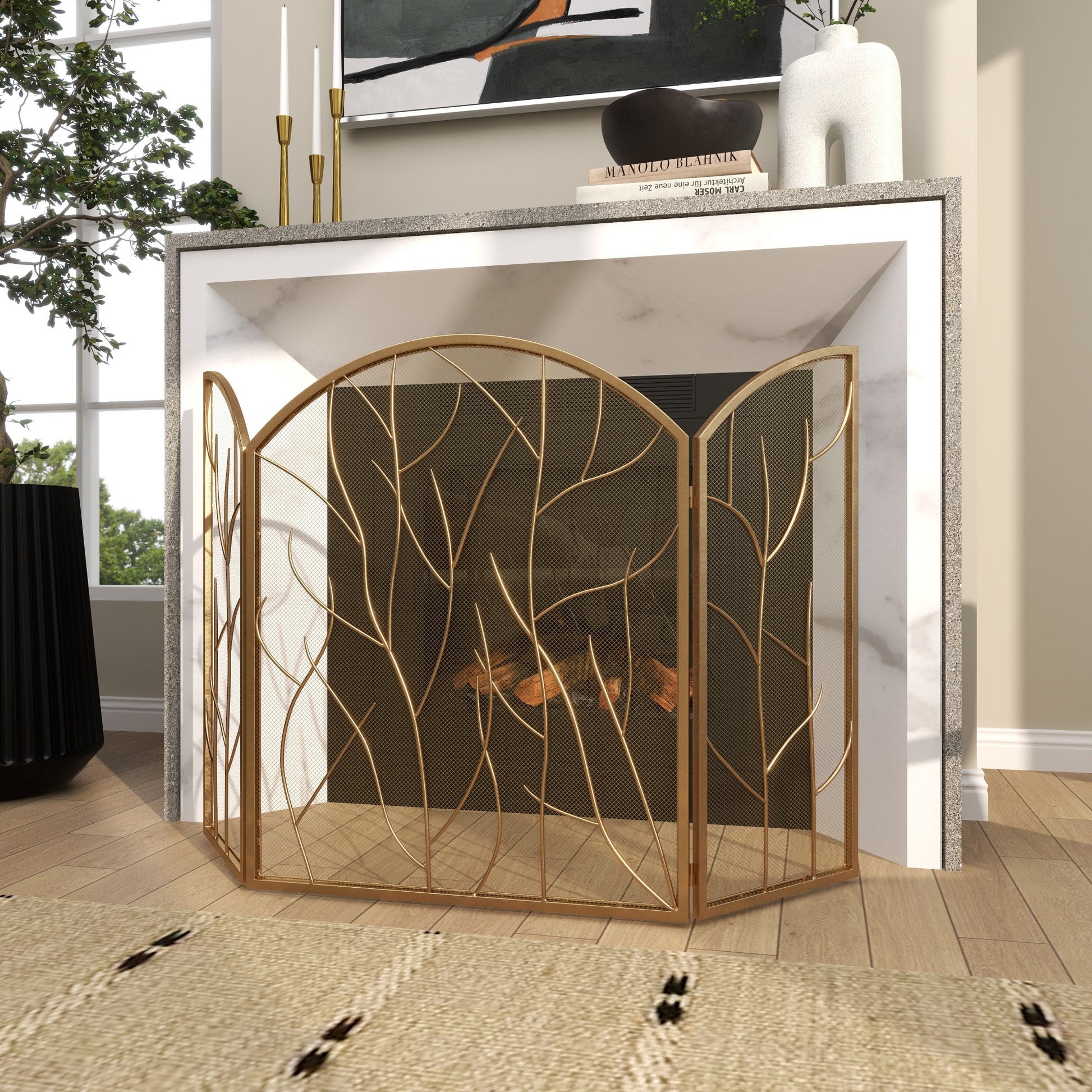 Tree Metal Branch Panel Living Room Fireplace Screen with Mesh Netting