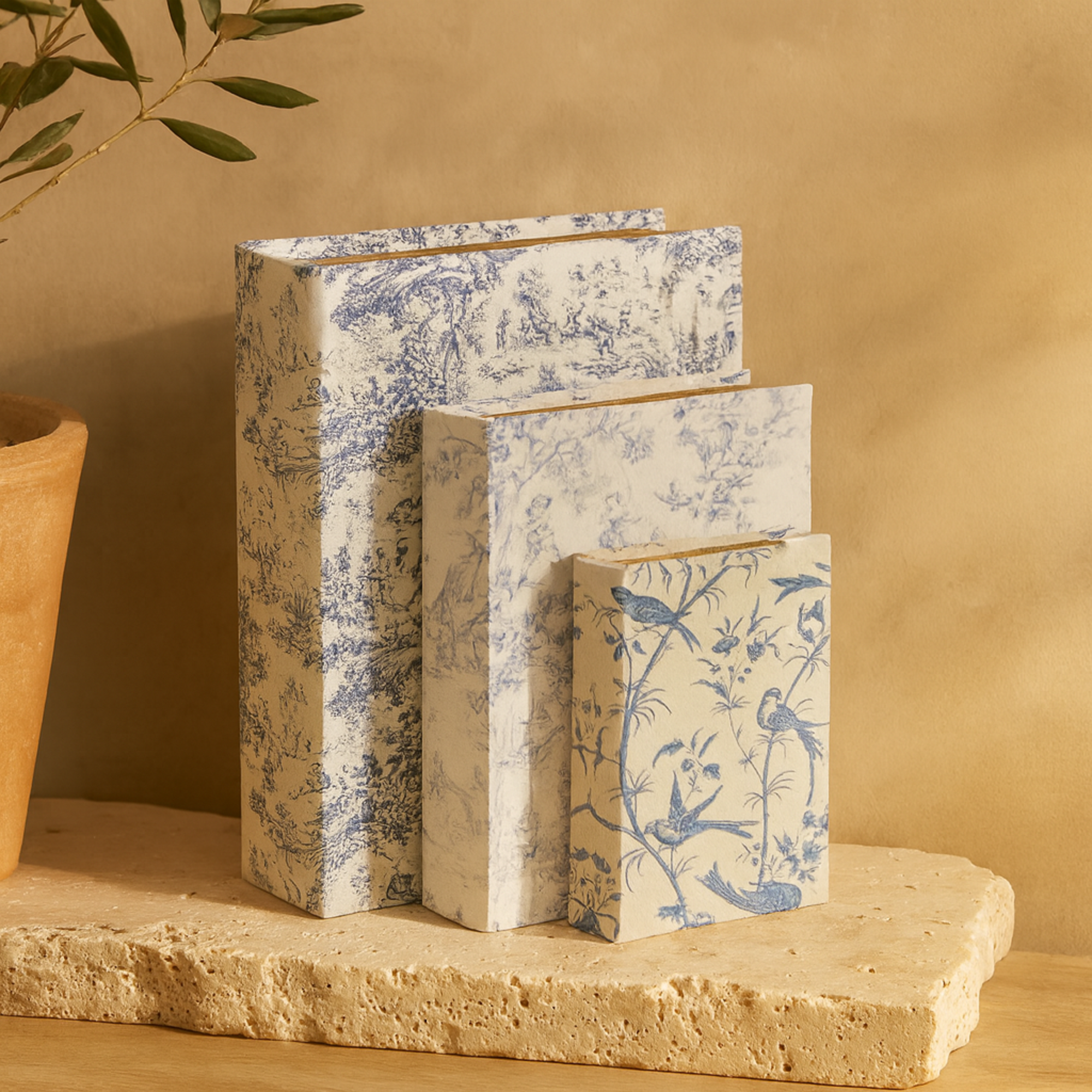 Set of 3 Floral White Canvas Faux Book Storage Decorative Box with Purple Vintage Patterns