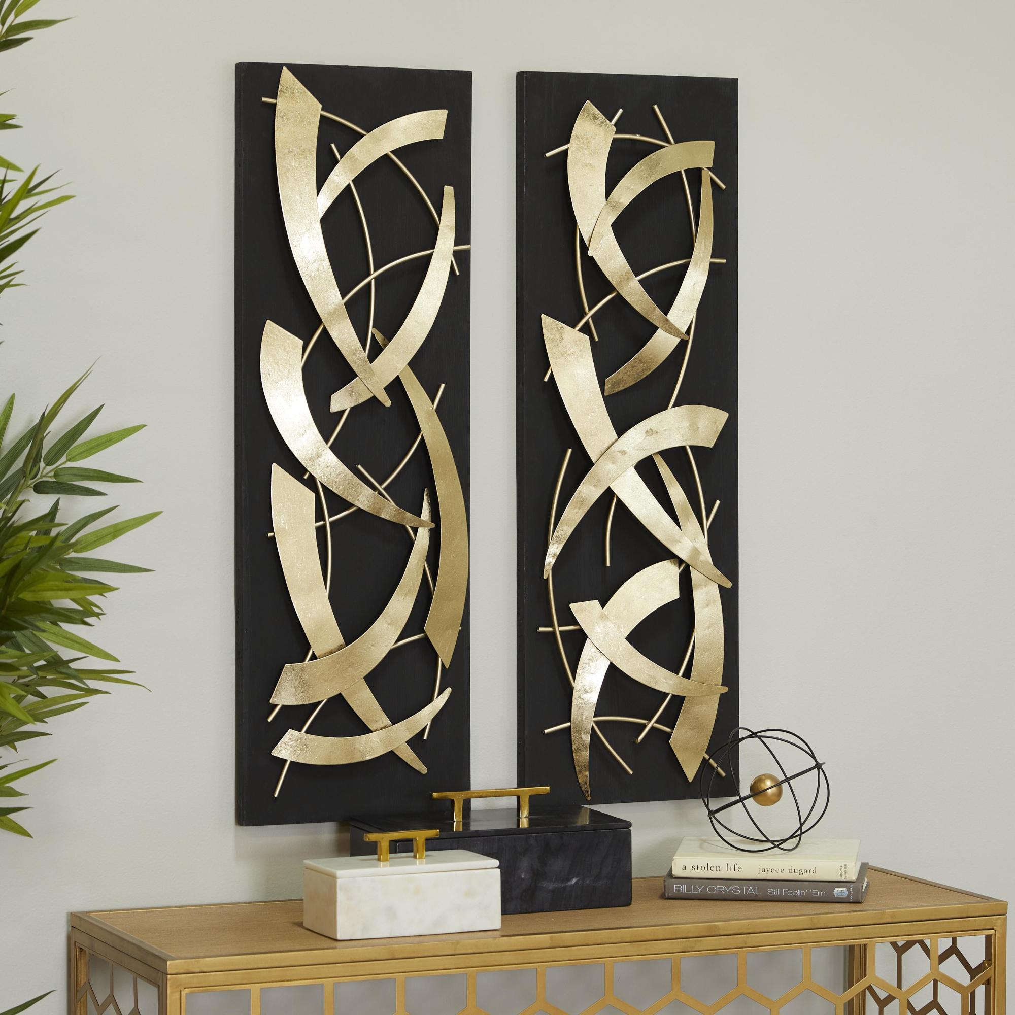 Set of 2 Abstract Metal Dimensional Home Wall Decor with Black Backing Set of 2 12"W, 36"H