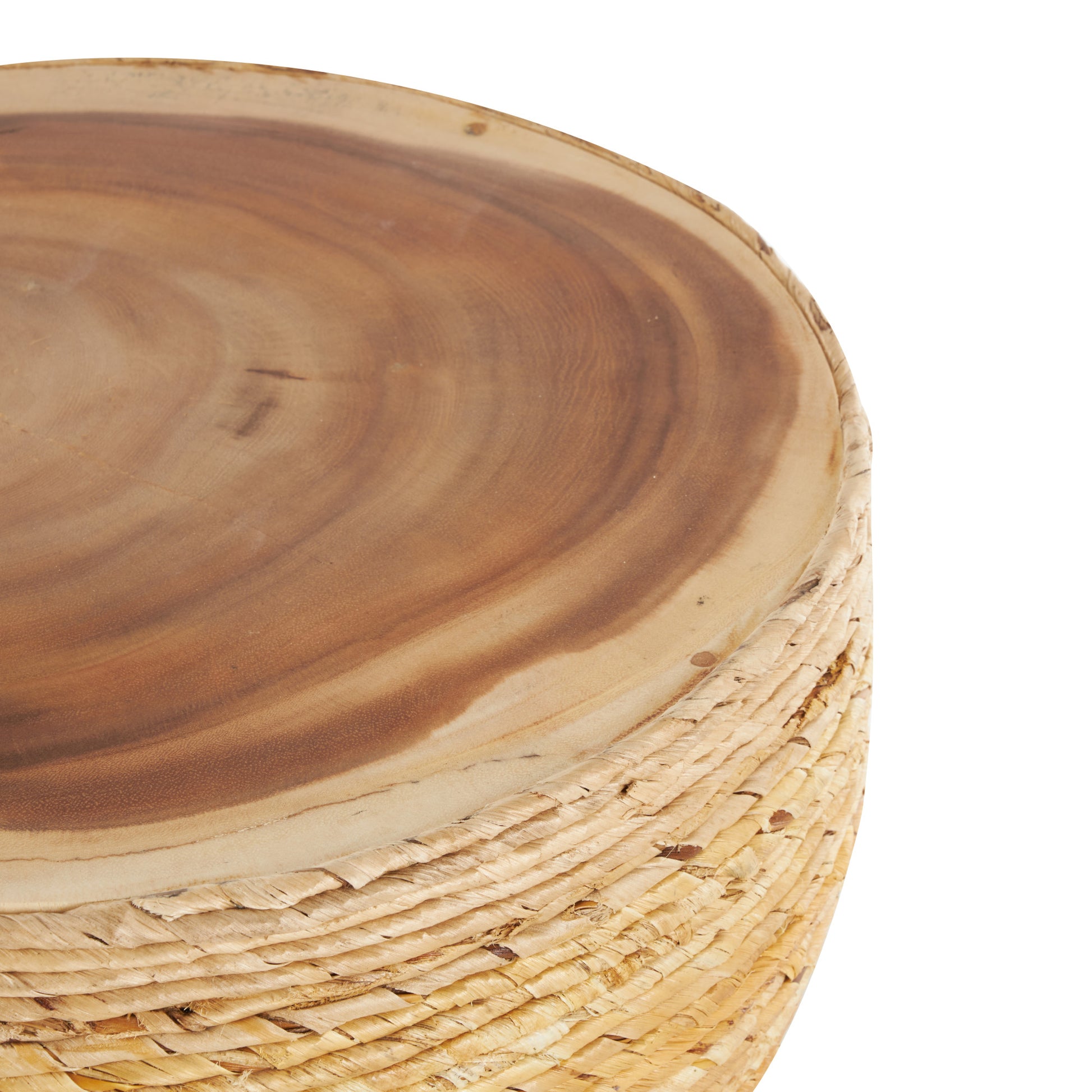 Light Brown Banana Leaf Handmade Woven Side End Accent Table with Wooden Tabletop