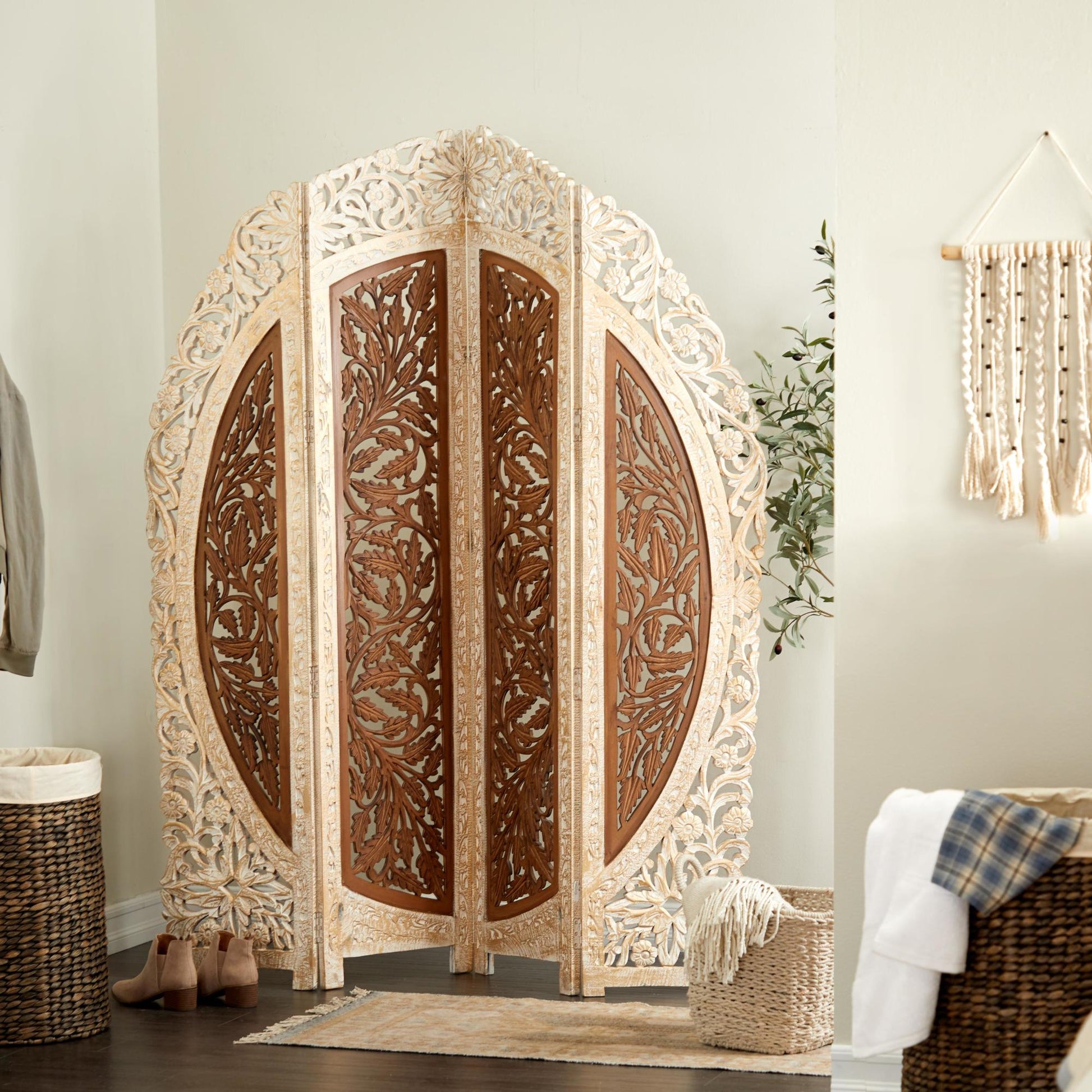 Floral Brown Mango Wood Handmade Foldable Partition 4 Panel Partition Room Divider Screen with Carved Designs