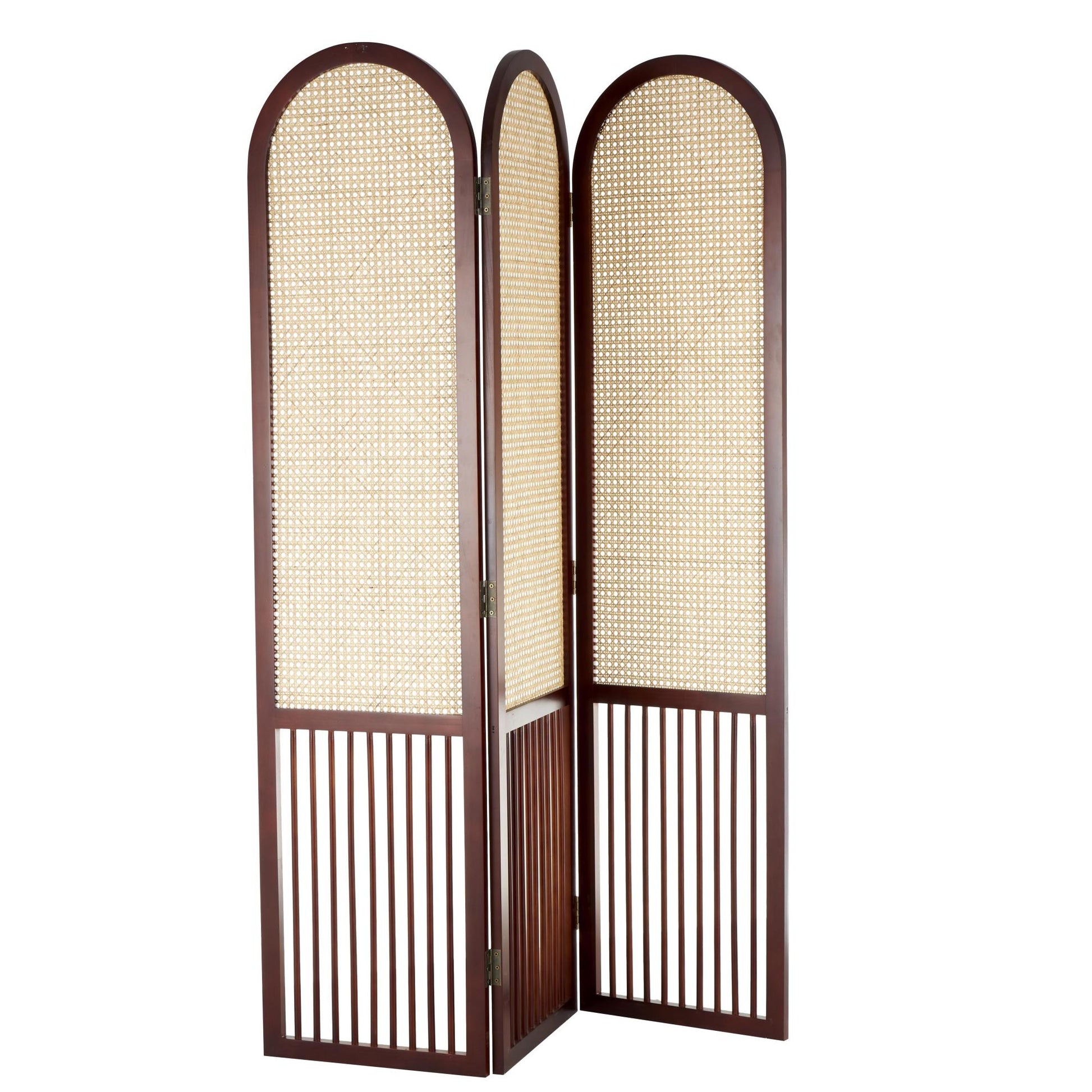 Wood Arched 3 Panel Partition Room Divider Screen with Slatted Wood Base and Tan Rattan Panels