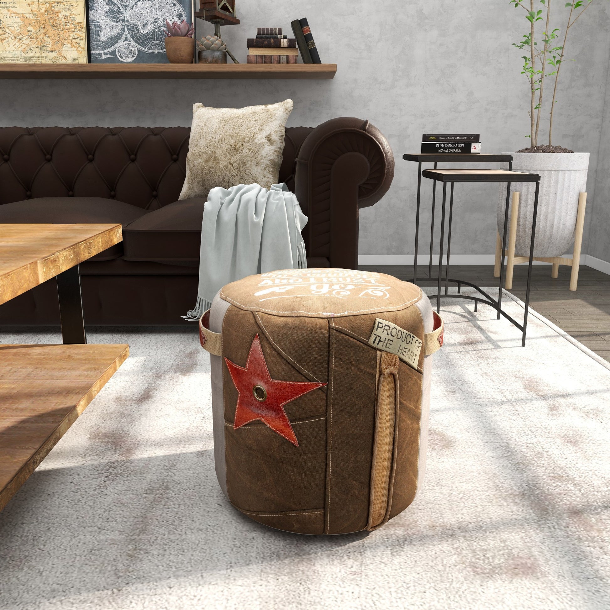 Star Canvas Stuffed Pouf with Leather Accents