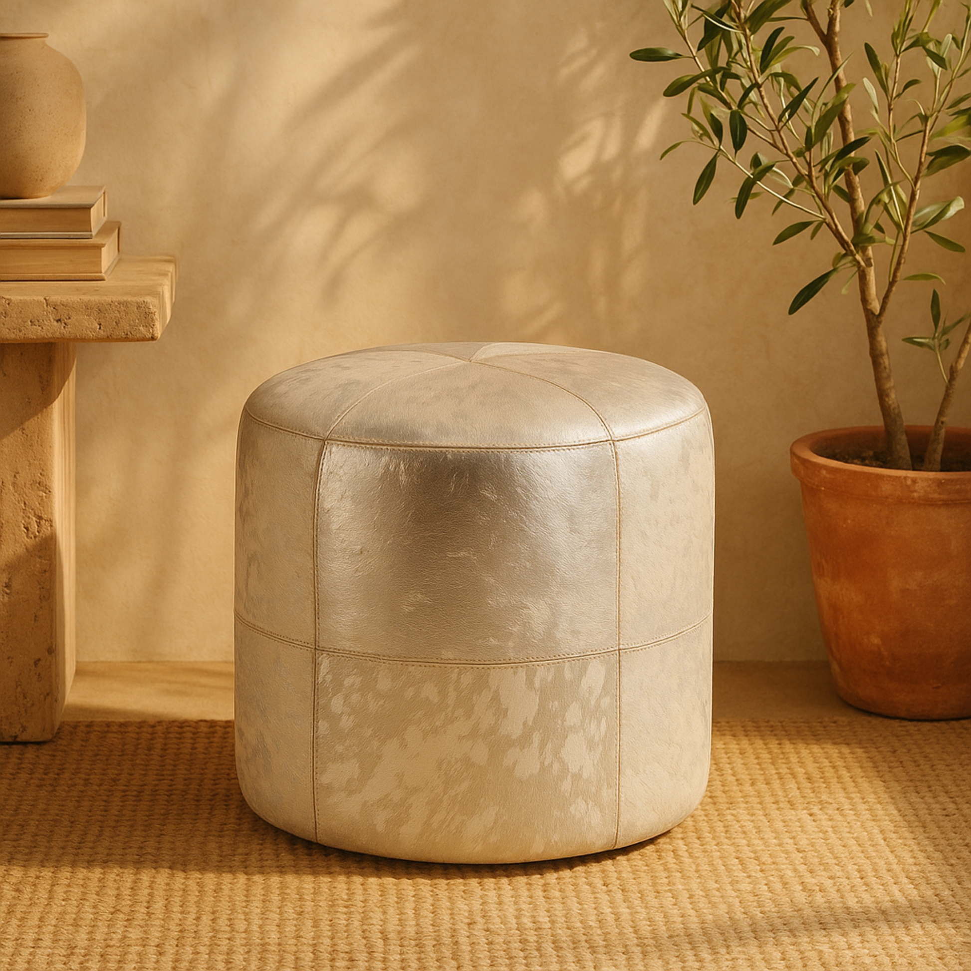 Leather Handmade Living Room Stool with Patchwork Pattern 16" x 16" x 17"