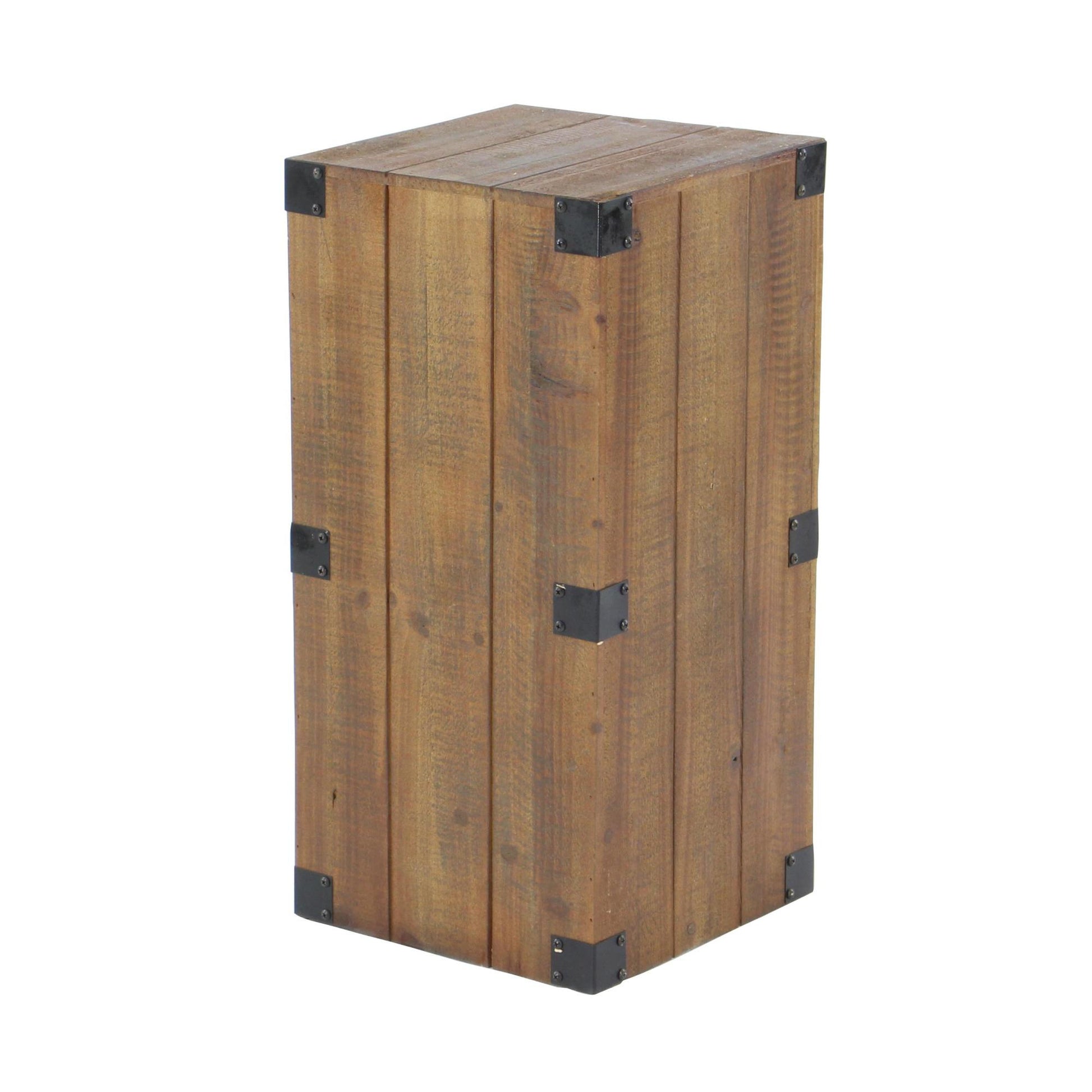 Set of 5 Brown Wood Pillar Style Side End Pedestal Table with Metal Corner Brackets