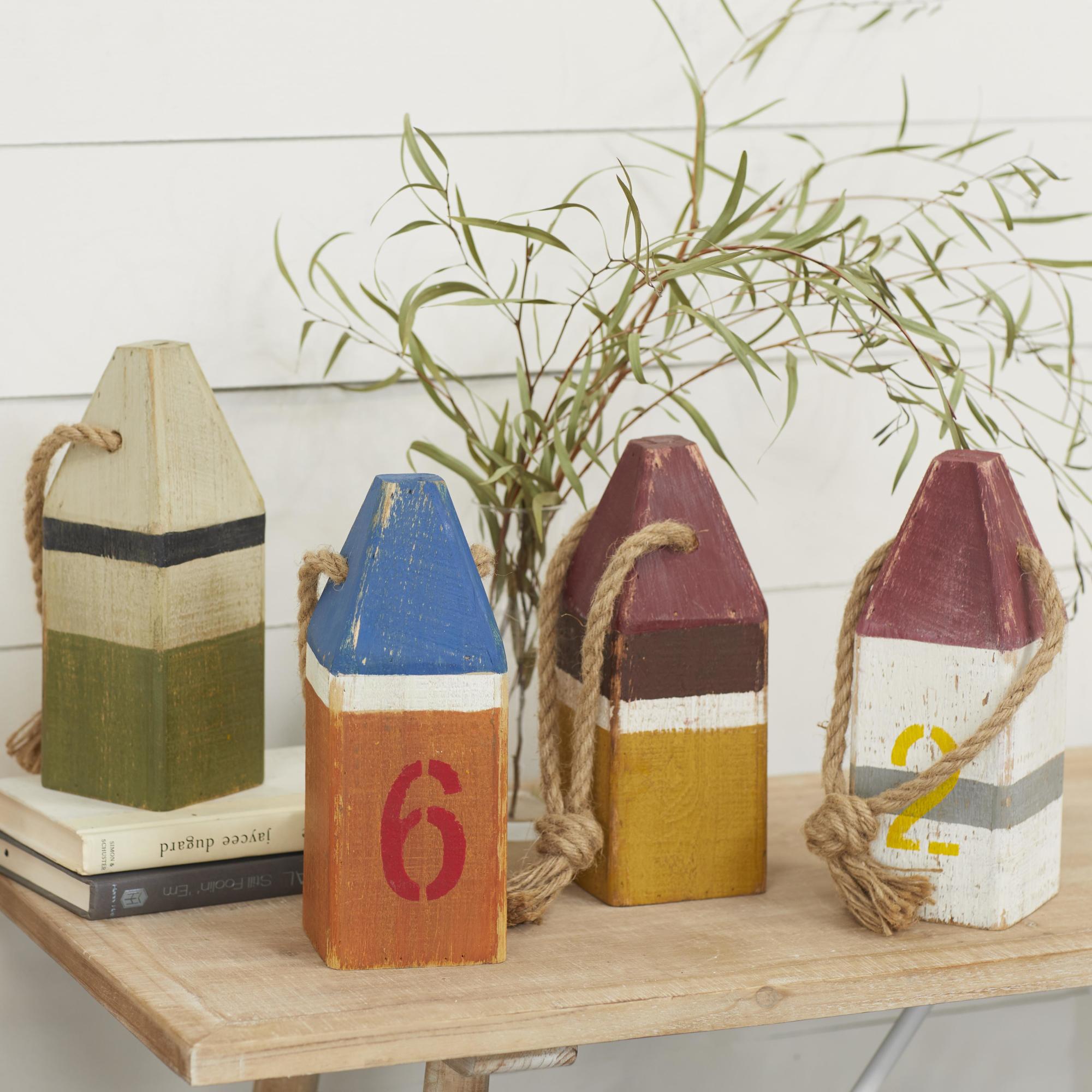 Set of 4 Buoy Multi Colored Wood Decorative Sculpture with Rope Accents
