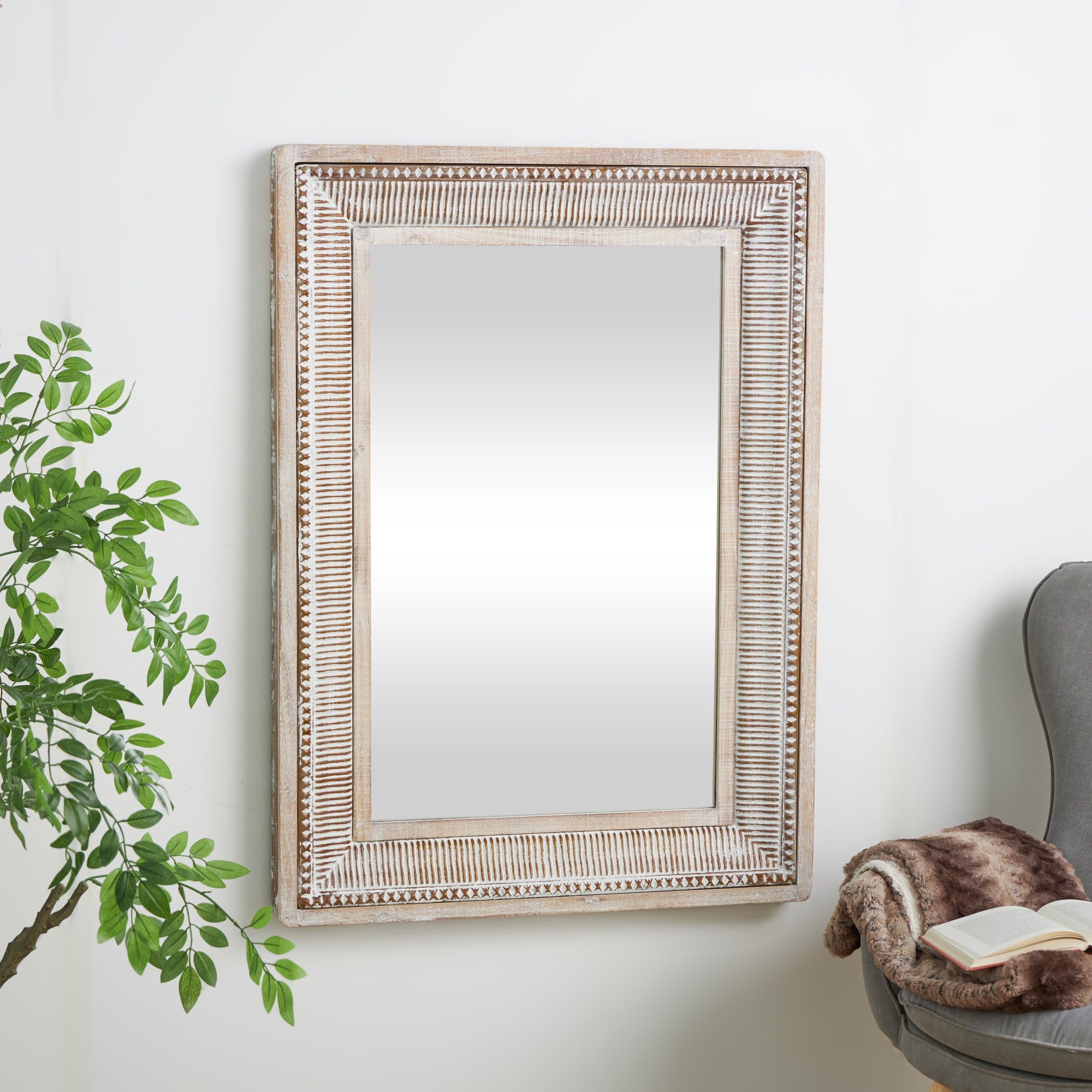 Brown Metal Whitewashed Room Wall Mirror with Linear Gold Markings