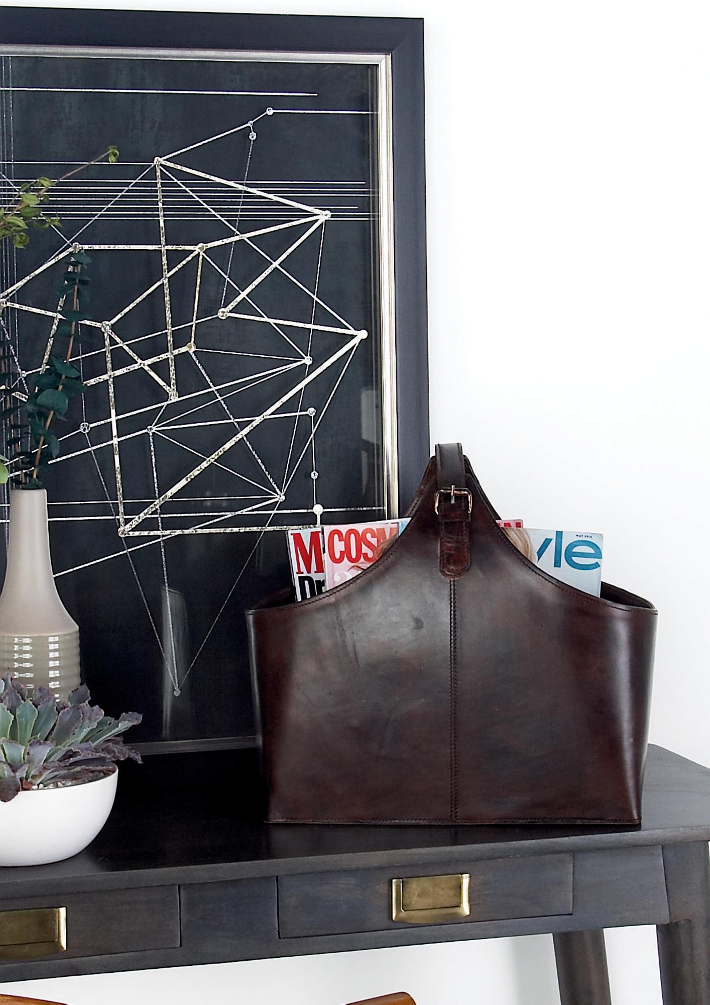 Leather Handmade Box Style Decorative Magazine Holder with Detail Stitching and Curved Buckle Handle