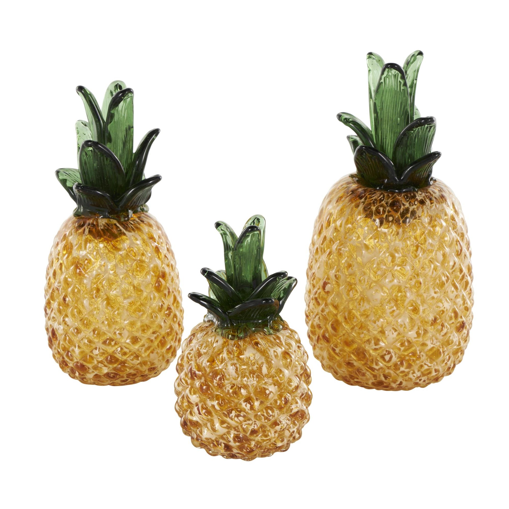 Set of 3 Fruit Orange Glass Faceted Pineapple Decorative Sculpture