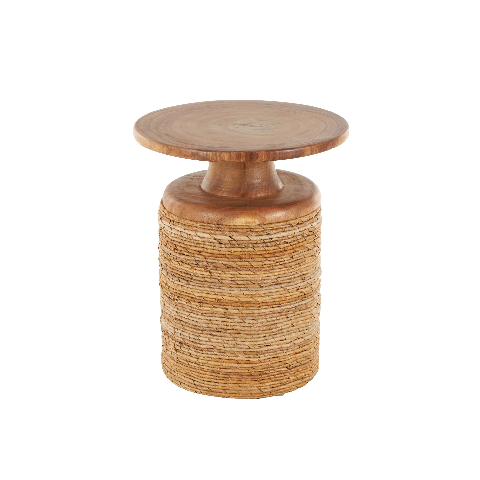 Brown Banana Leaf Handmade Woven Side End Accent Table with Wooden Tabletop