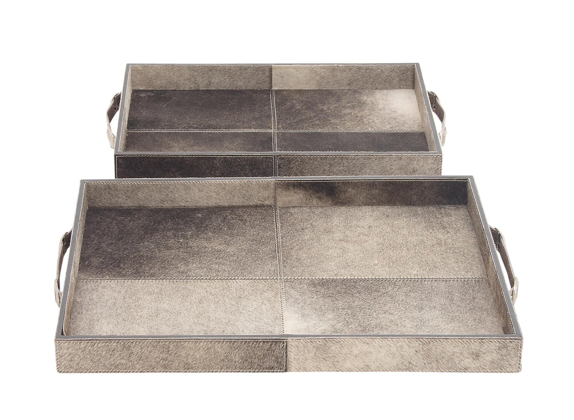 Set of 2 Gray Wooden Handmade Cowhide Living Room Decor Tray with Slot Handles