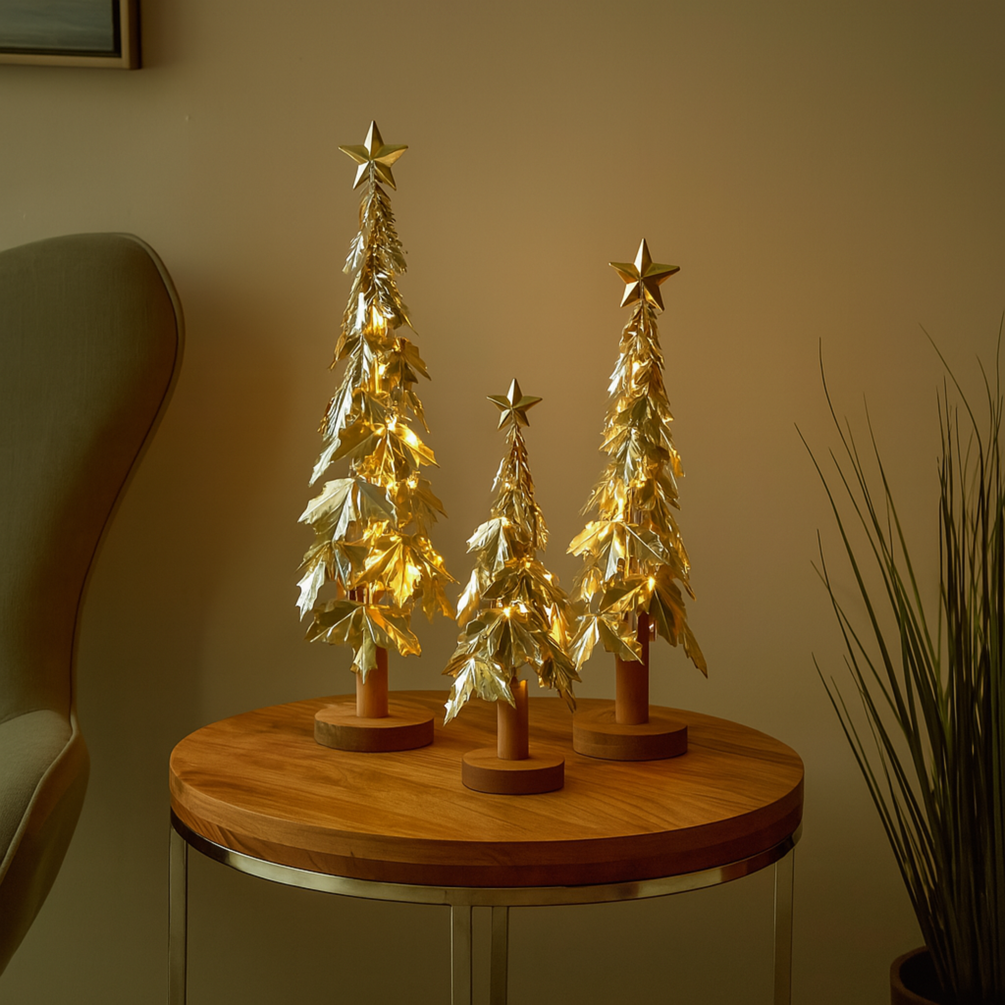 Set of 3 Tree Gold Metal Holiday Layered Decorative Christmas Sculpture with Wooden Base and Star Topper