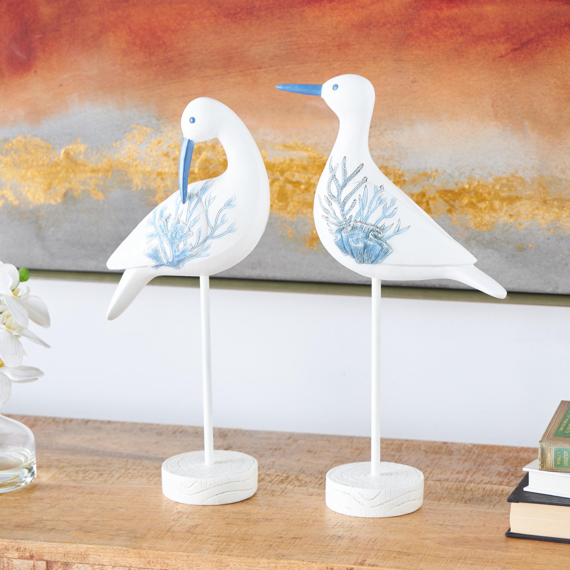 Set of 2 Bird White Polystone Decorative Sculpture with Blue Coral Patterns and Wood Inspired Bases
