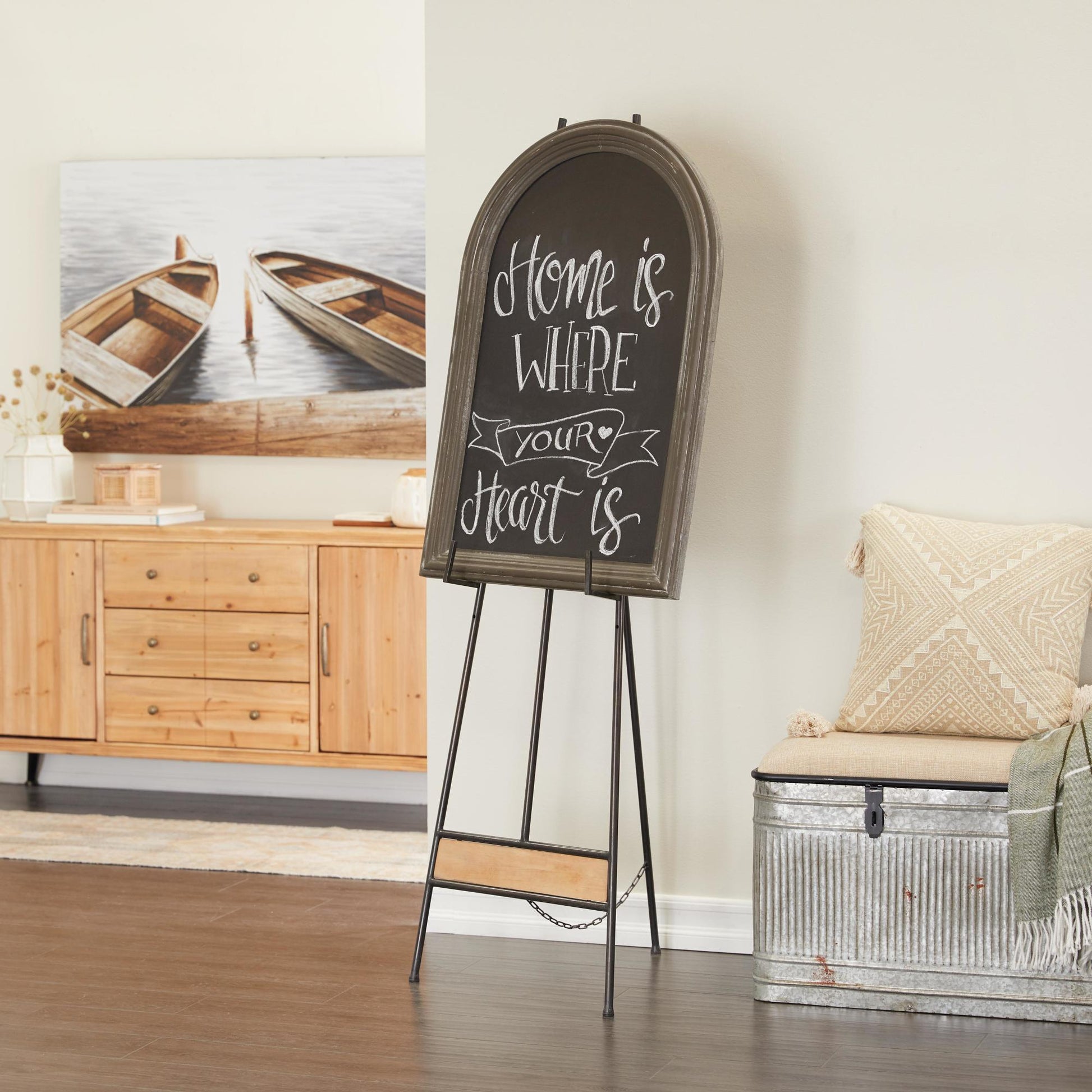 Black Metal Tall Adjustable 3 Tier Display Easel with Chain Support and Wood Accents