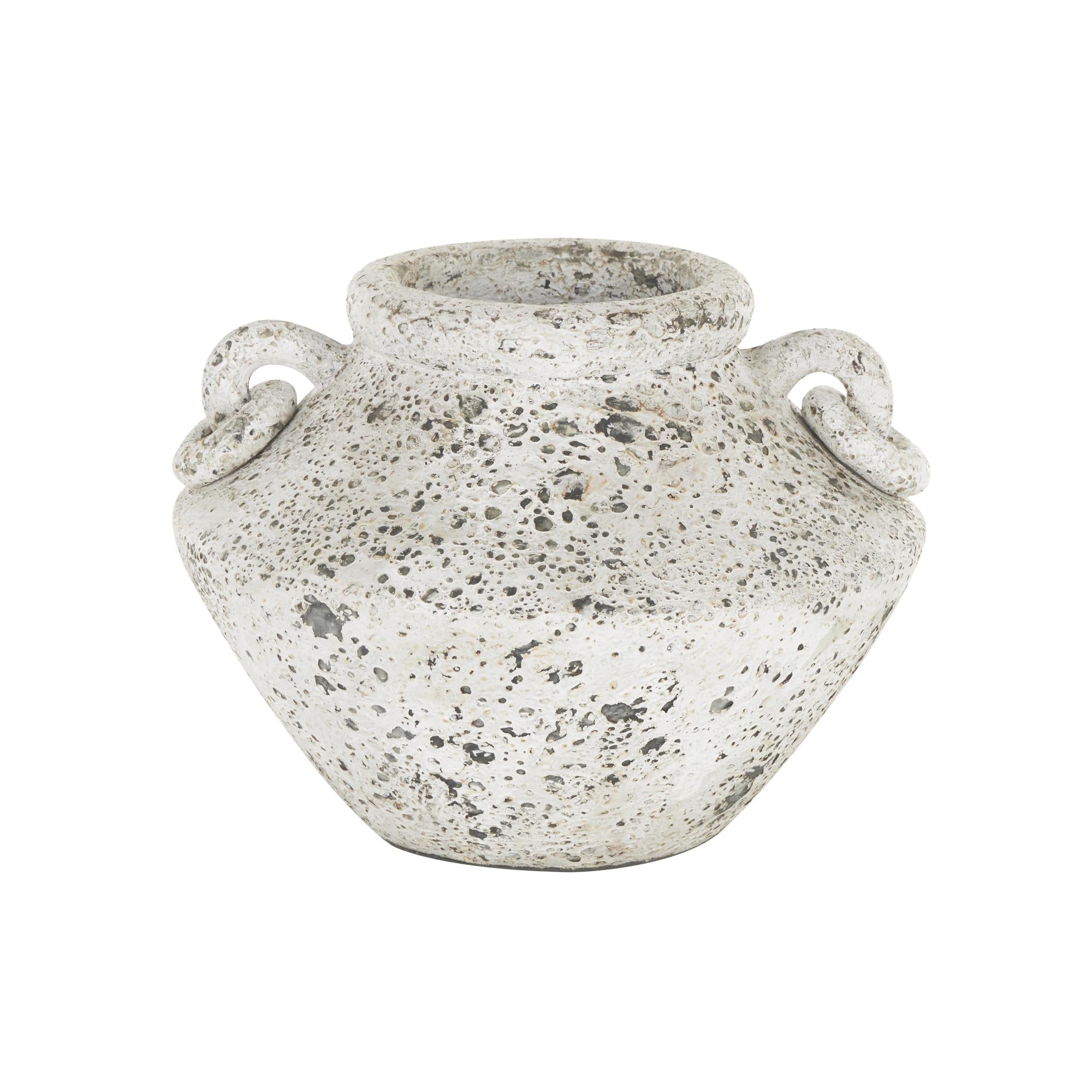 White Ceramic Antique Style Textured Decorative Vase with Ring Handles