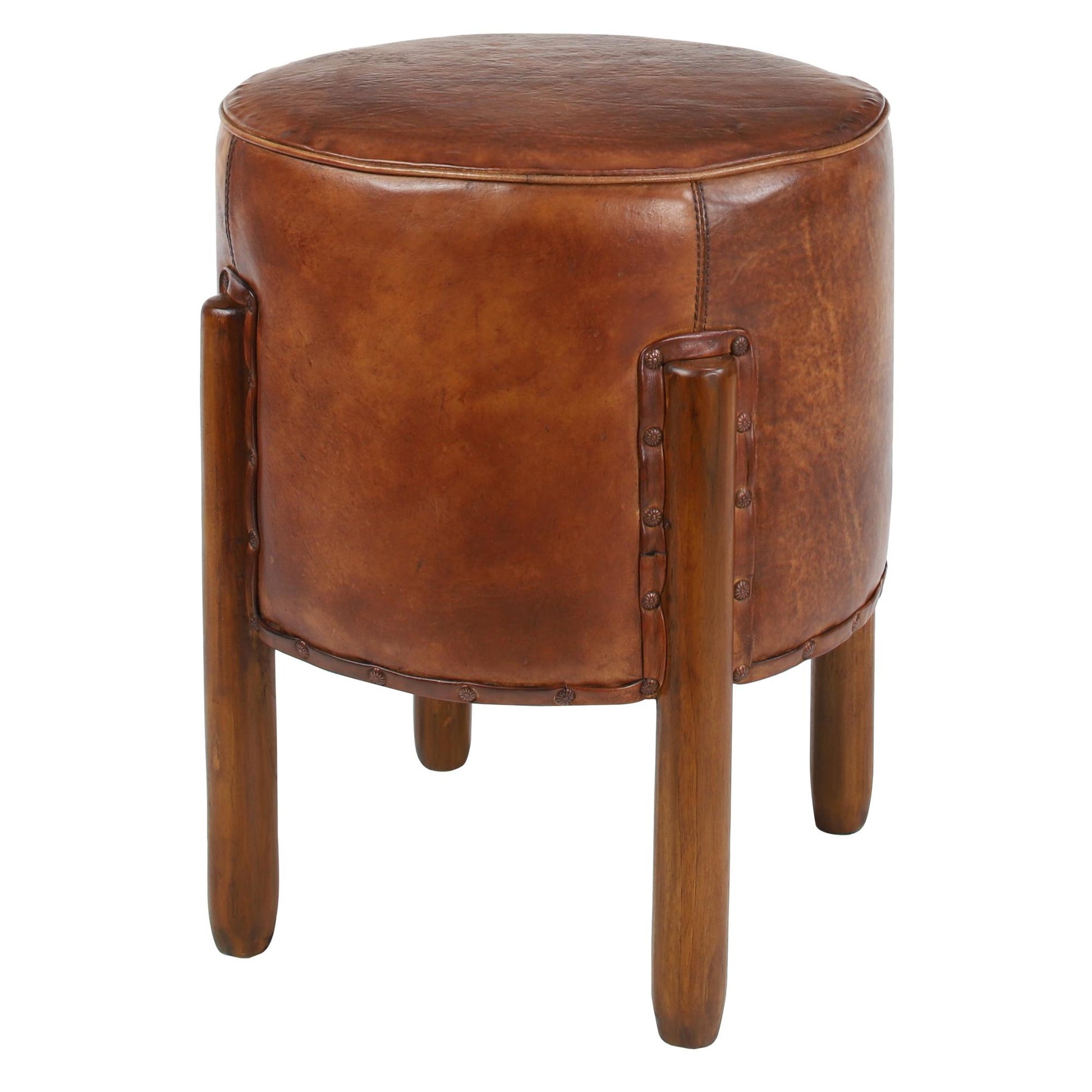 Brown Teak Wood Handmade Upholstered Leather Living Room Stool with Wood Legs