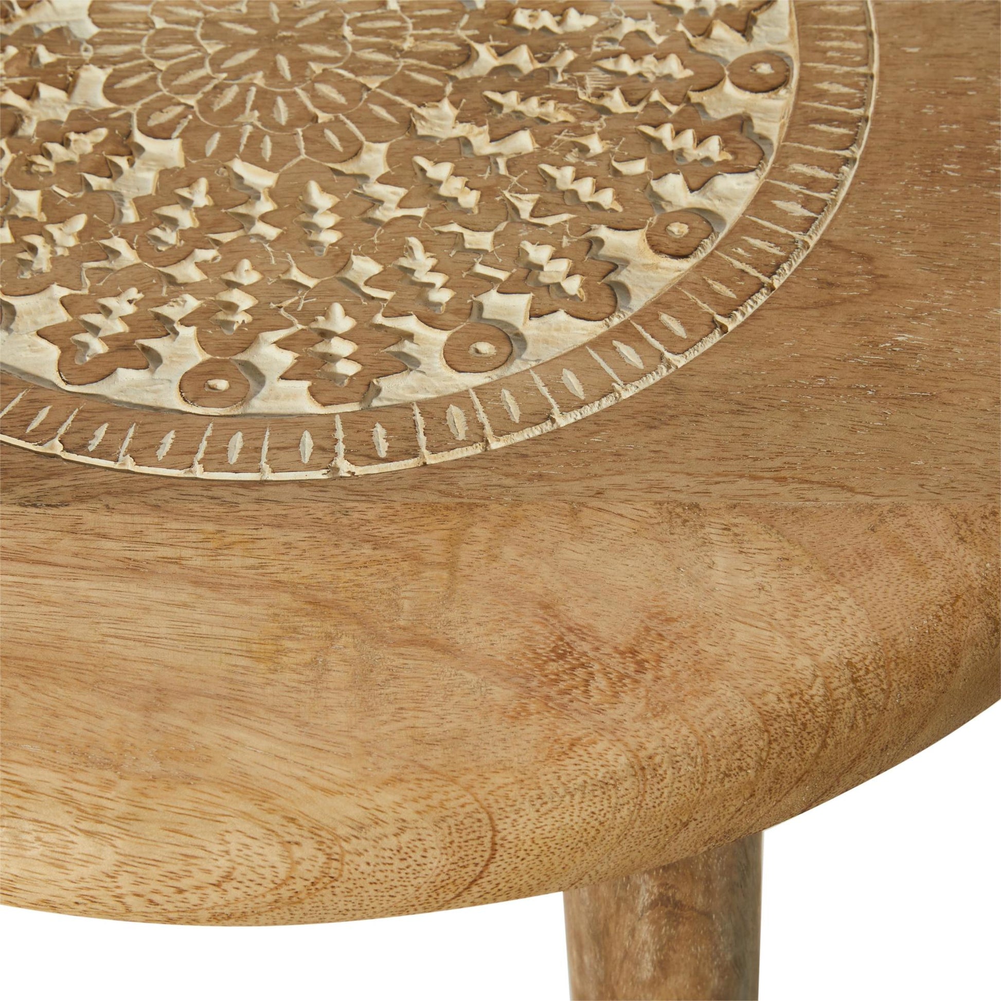 Floral Mango Wood Handmade Intricately Carved Side End Accent Table with Tripod Legs