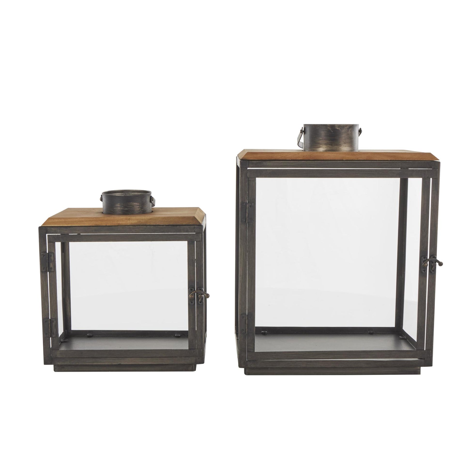 Set of 2 Dark Gray Metal Brushed Rectangular Indoor Outdoor Candle Lantern with Brown Wood Tops
