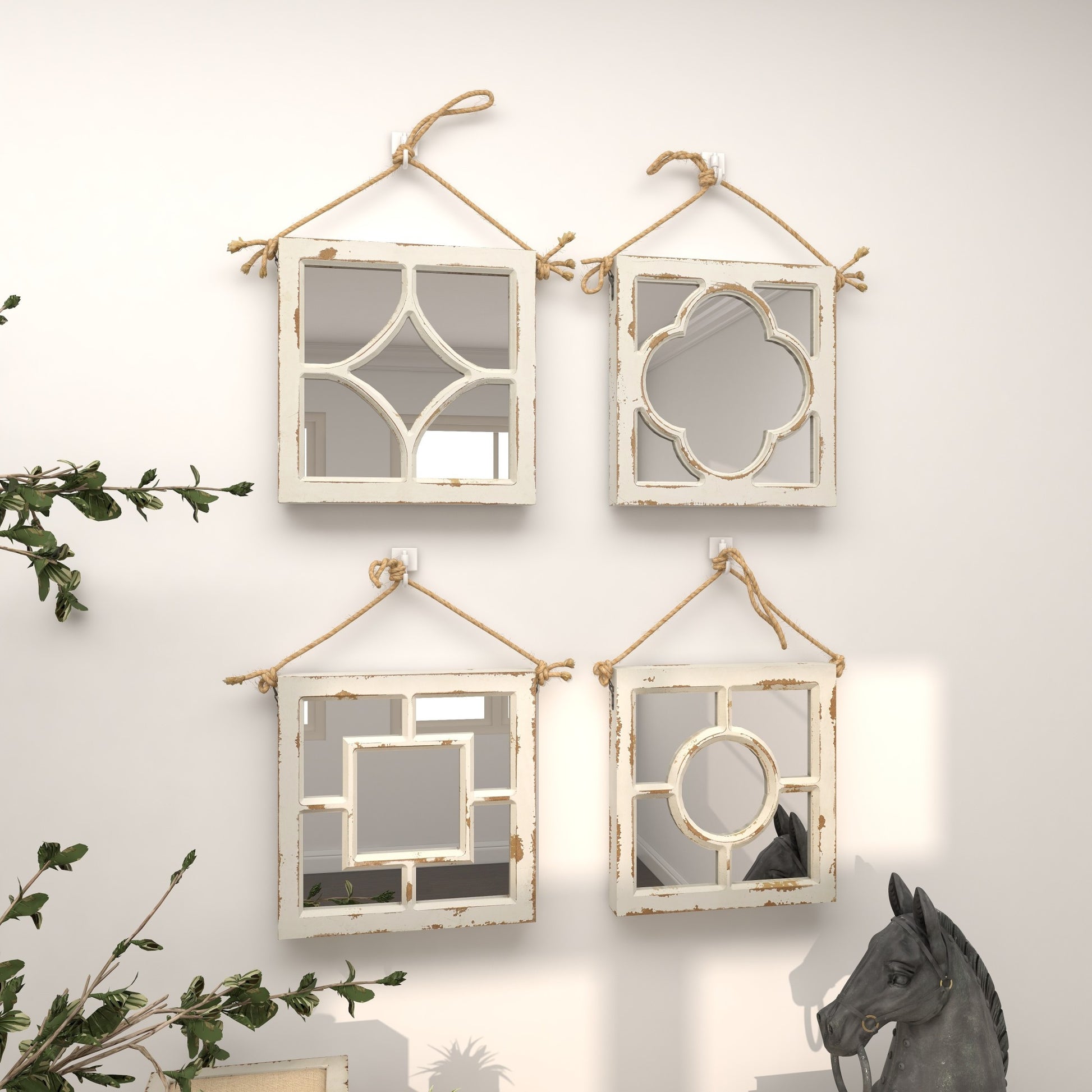 Set of 4 Geometric White Wood Distressed Small Square Room Wall Mirror with Jute Hanging Rope