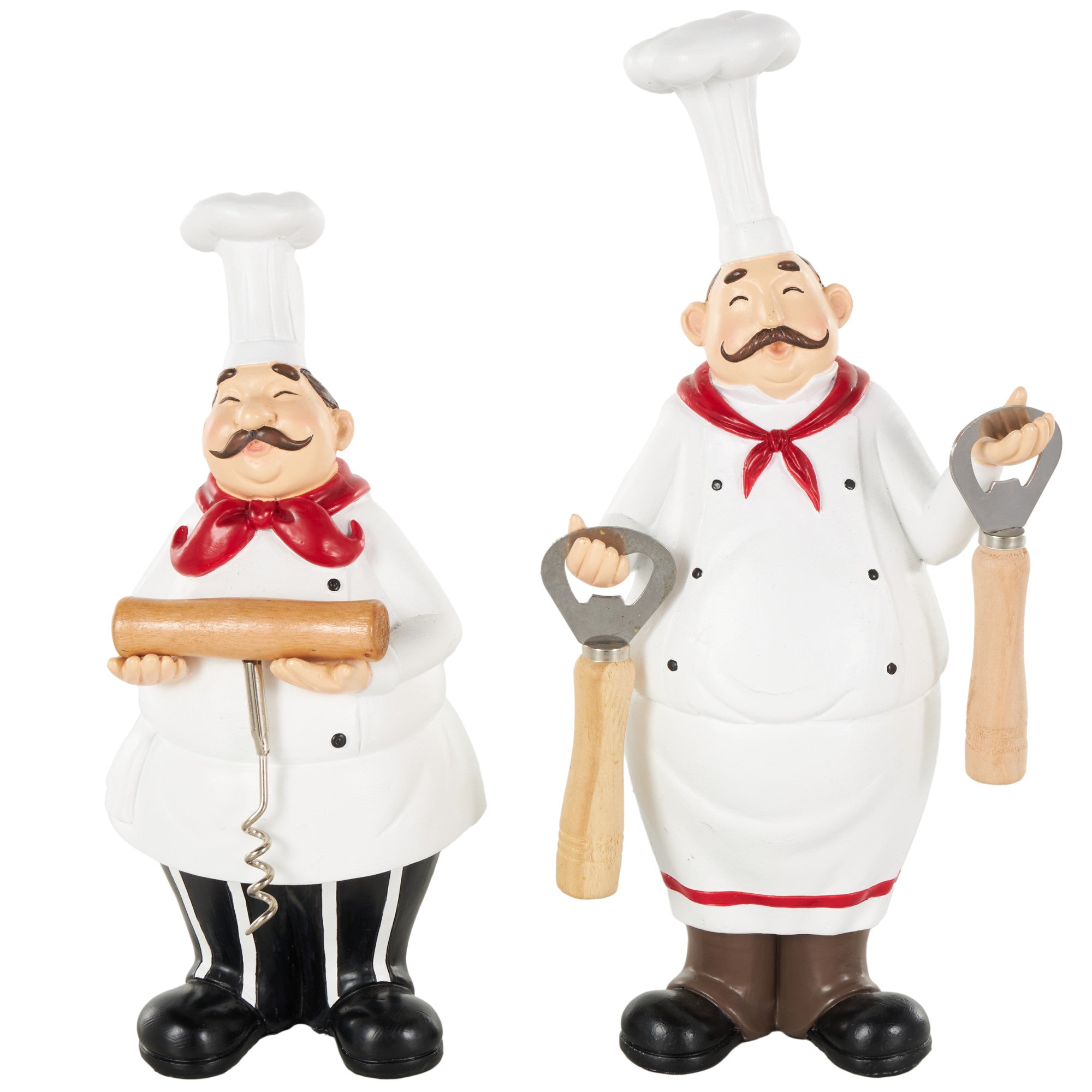 Set of 2 Chef White Polystone Kitchen Bottle Opener Holder Decorative Sculpture with Corkscrew