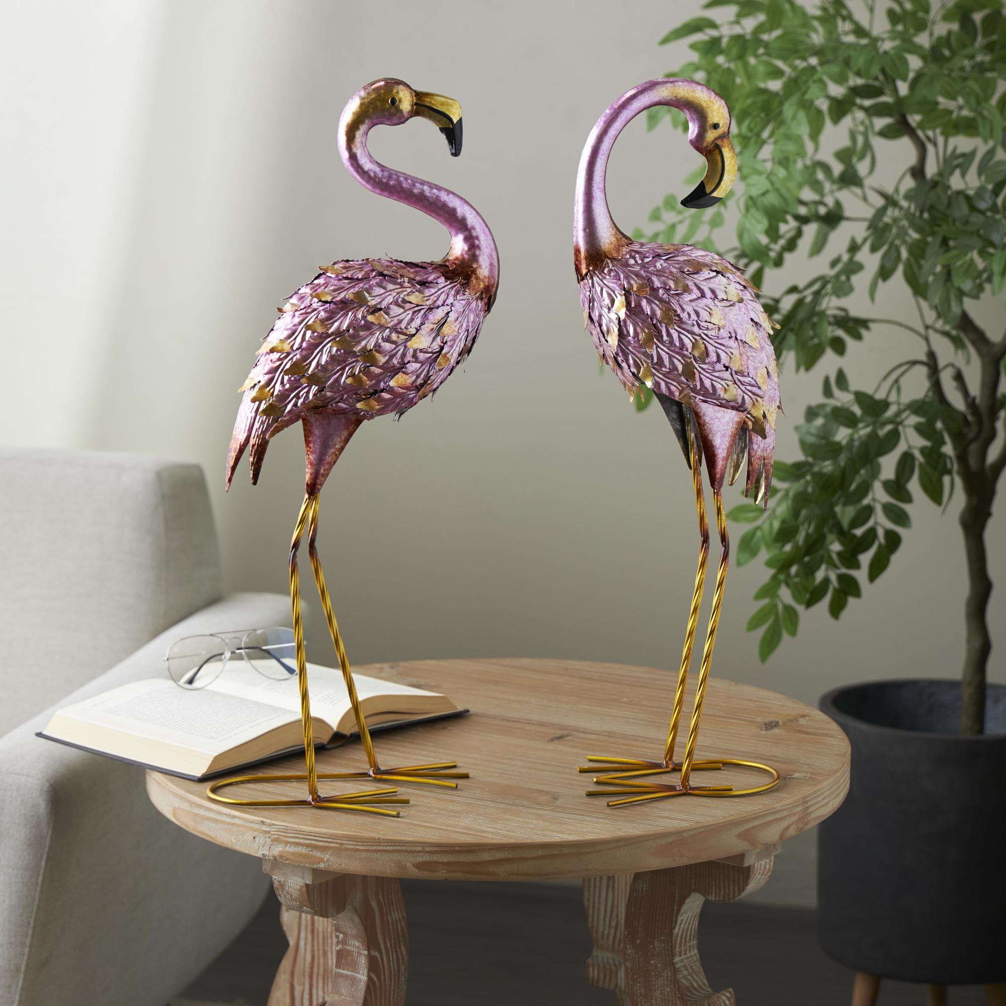 Set of 2 Flamingo Pink Metal Decorative Garden Sculpture with Dimensional Feathers and Gold Accents