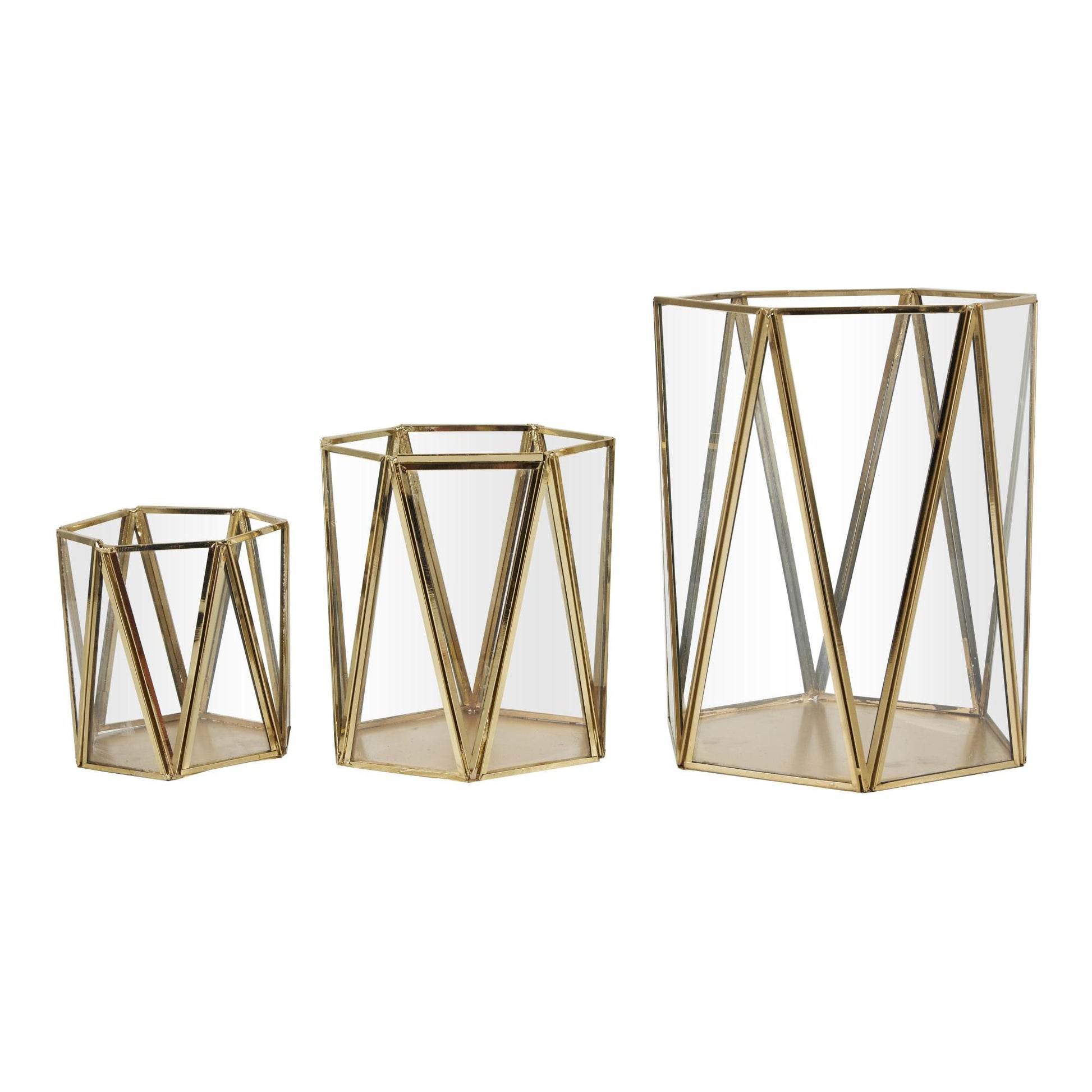 CosmoLiving by Cosmopolitan Set of 3 Geometric Gold Metal Triangle Patterned Hexagon Indoor Outdoor Candle Lantern with Clear Glass
