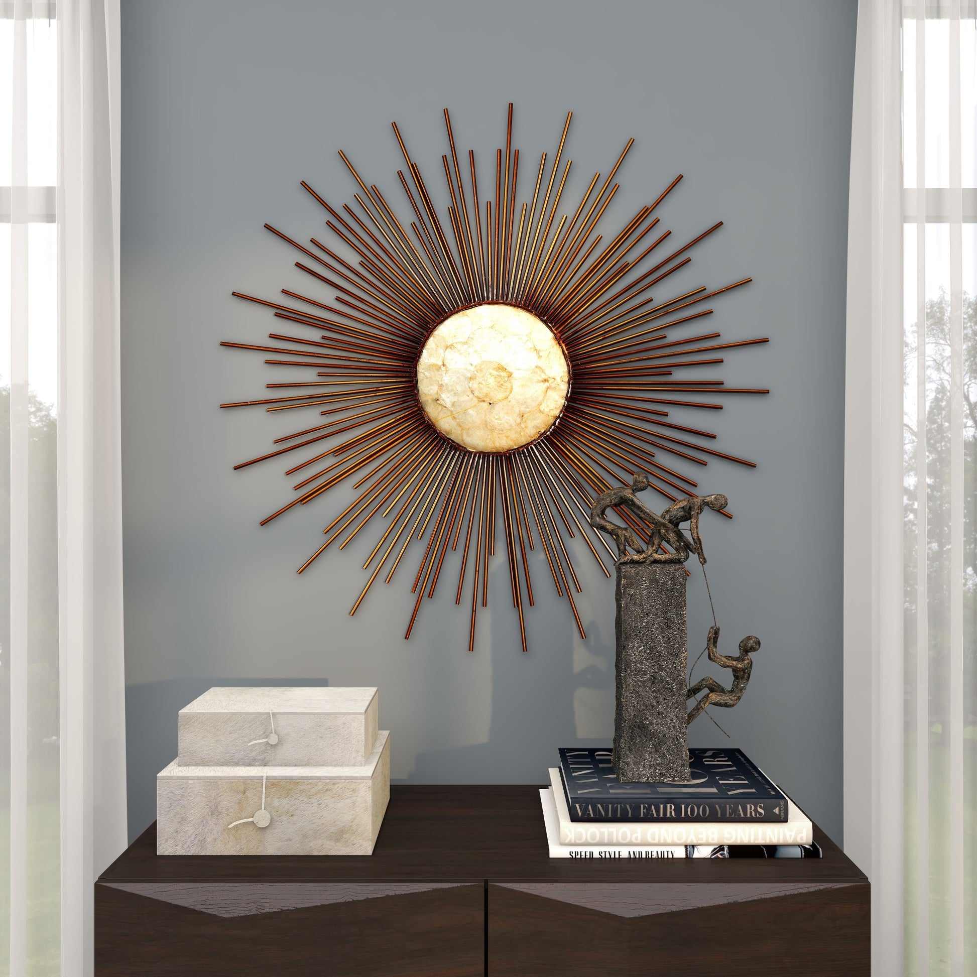 Sunburst Copper Metal Home Wall Decor with Cream Capiz Shell Center