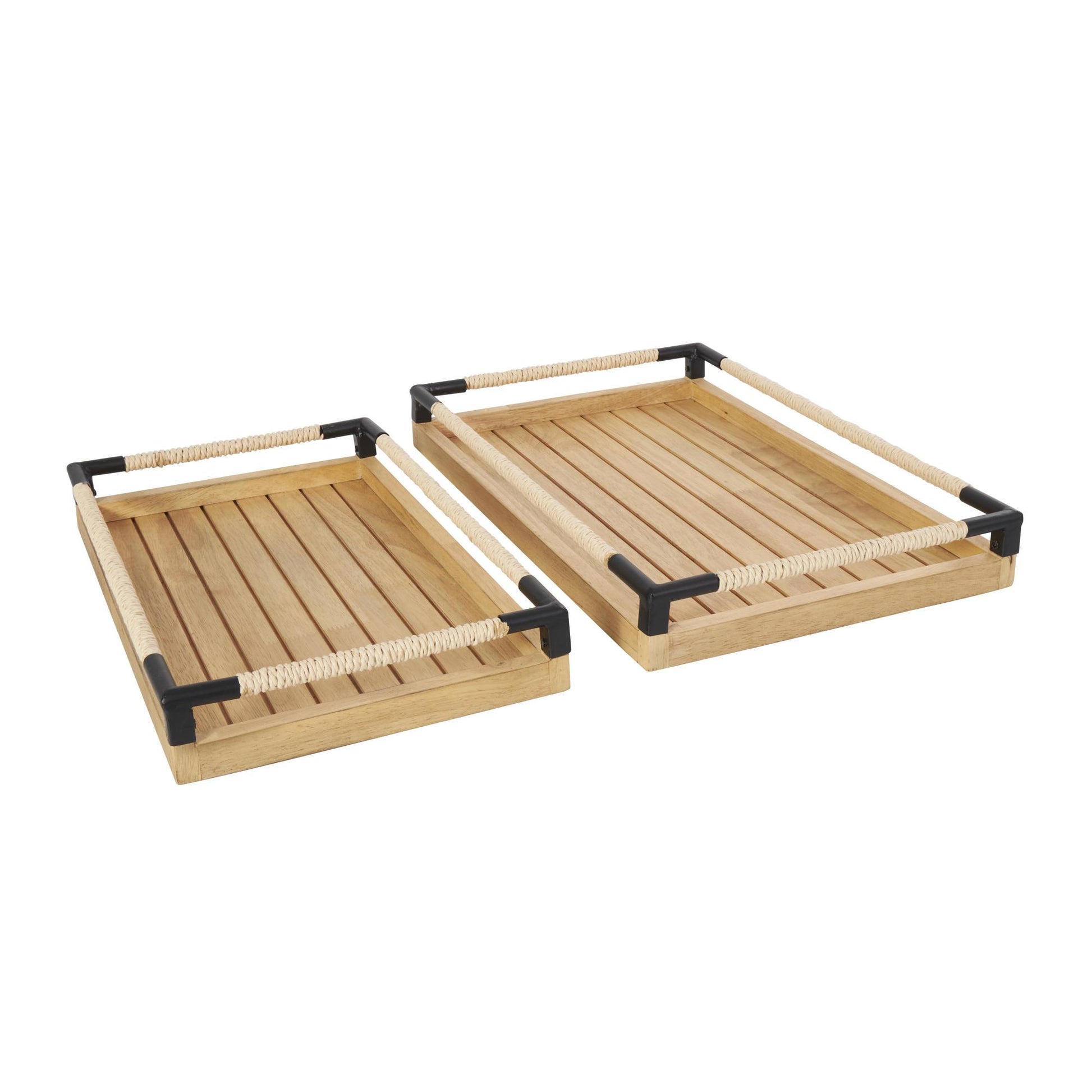 Set of 2 Brown Wood Slatted Living Room Decor Tray with Elevated Woven Sides and Black Metal Corners