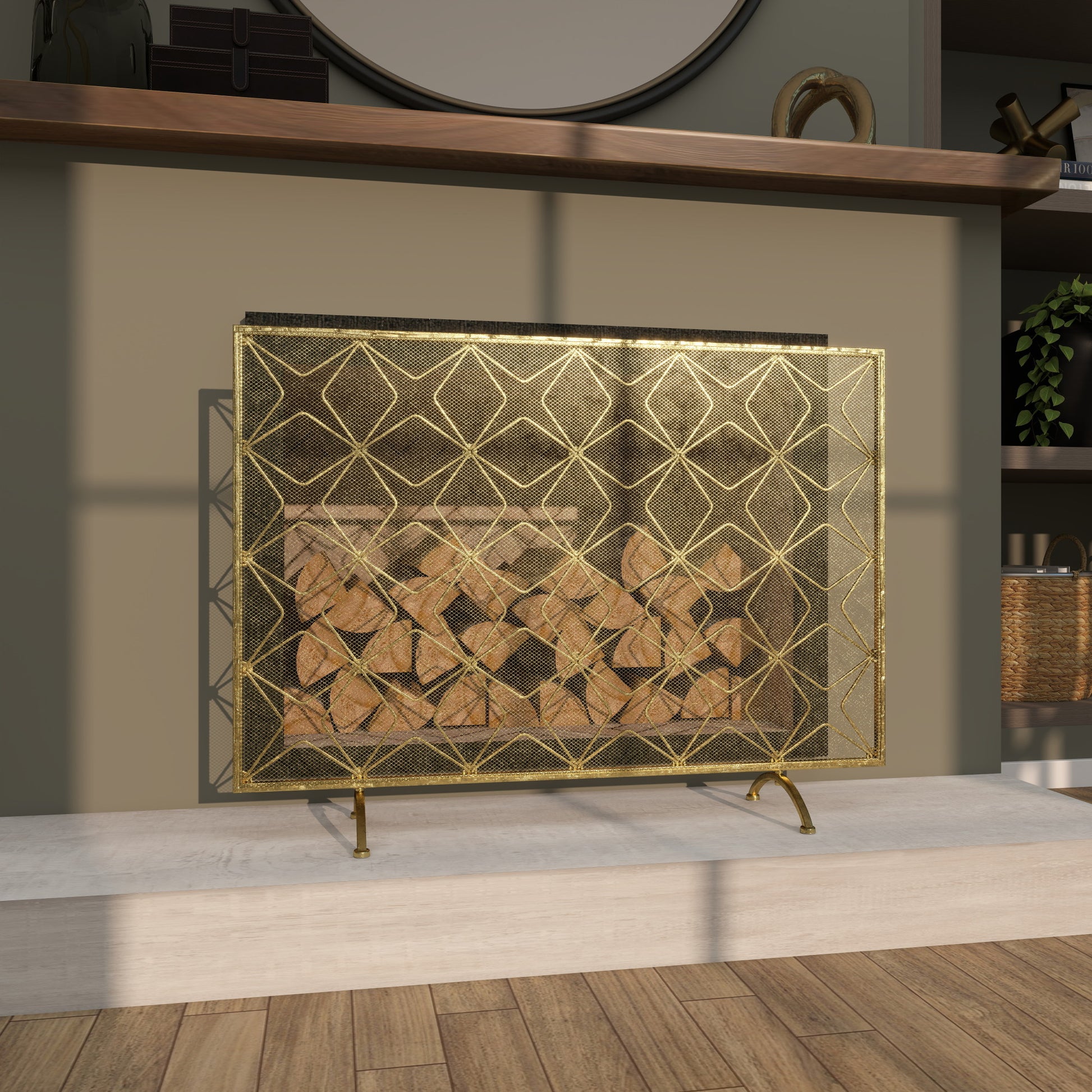 Geometric Gold Metal Star Patterned Single Panel Living Room Fireplace Screen with Mesh Netting