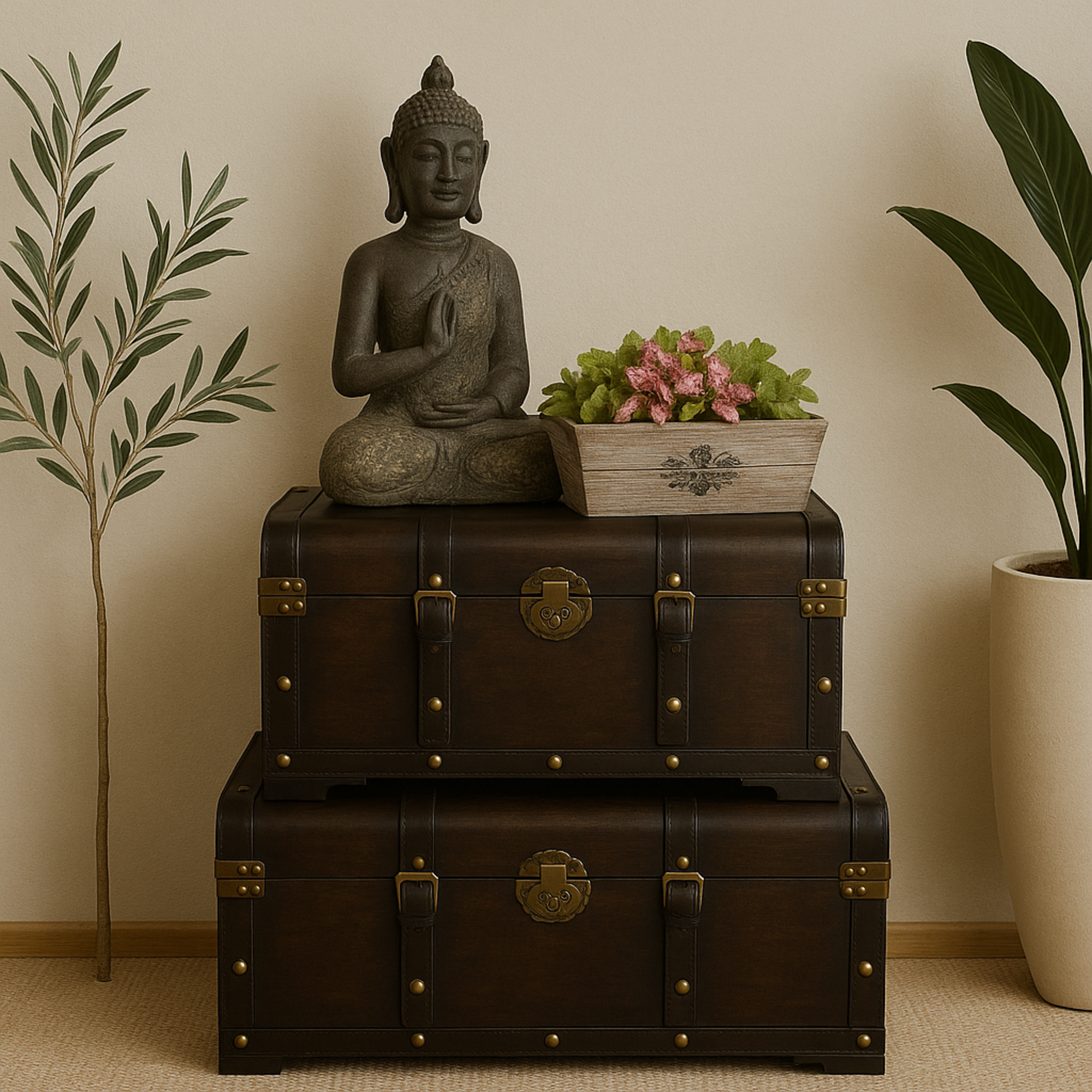 Set of 3 Dark Brown Wooden Nesting Upholstered Decorative Trunk with Vintage Accents and Studs