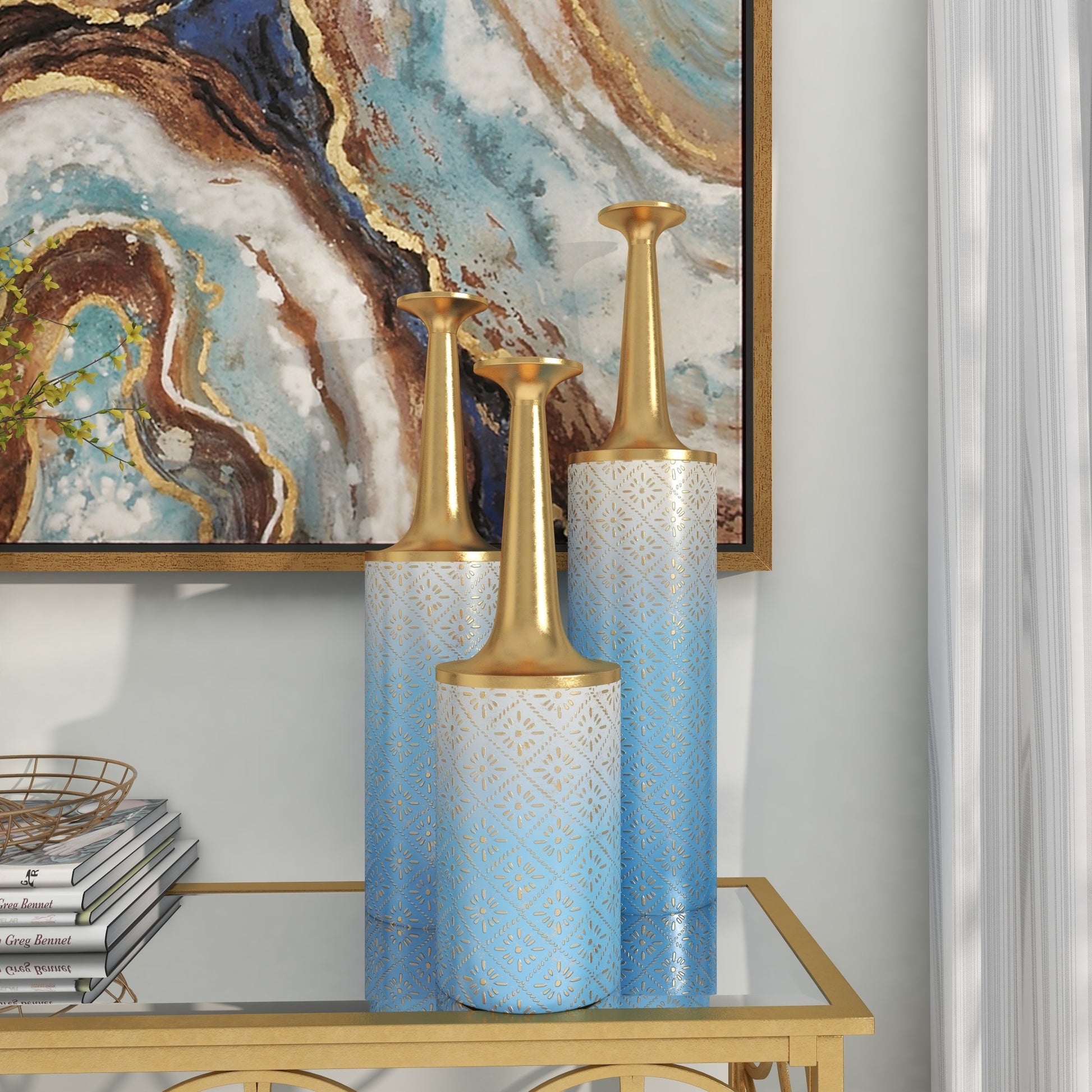 Set of 3 Floral Blue Metal Decorative Vase with Gold Top