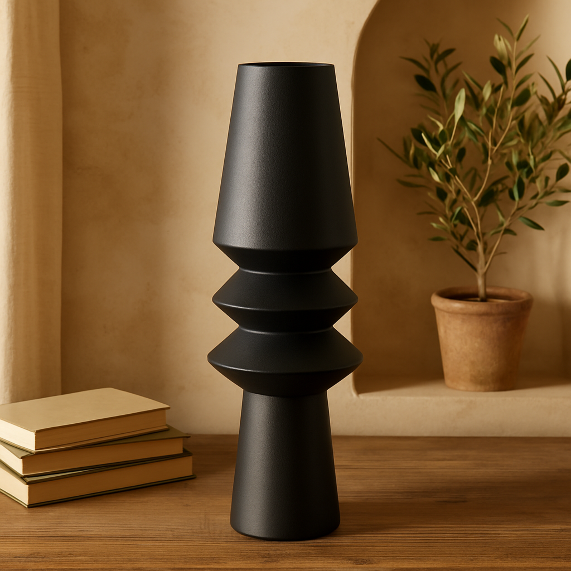 Black Metal Art Deco Fluted Decorative Vase