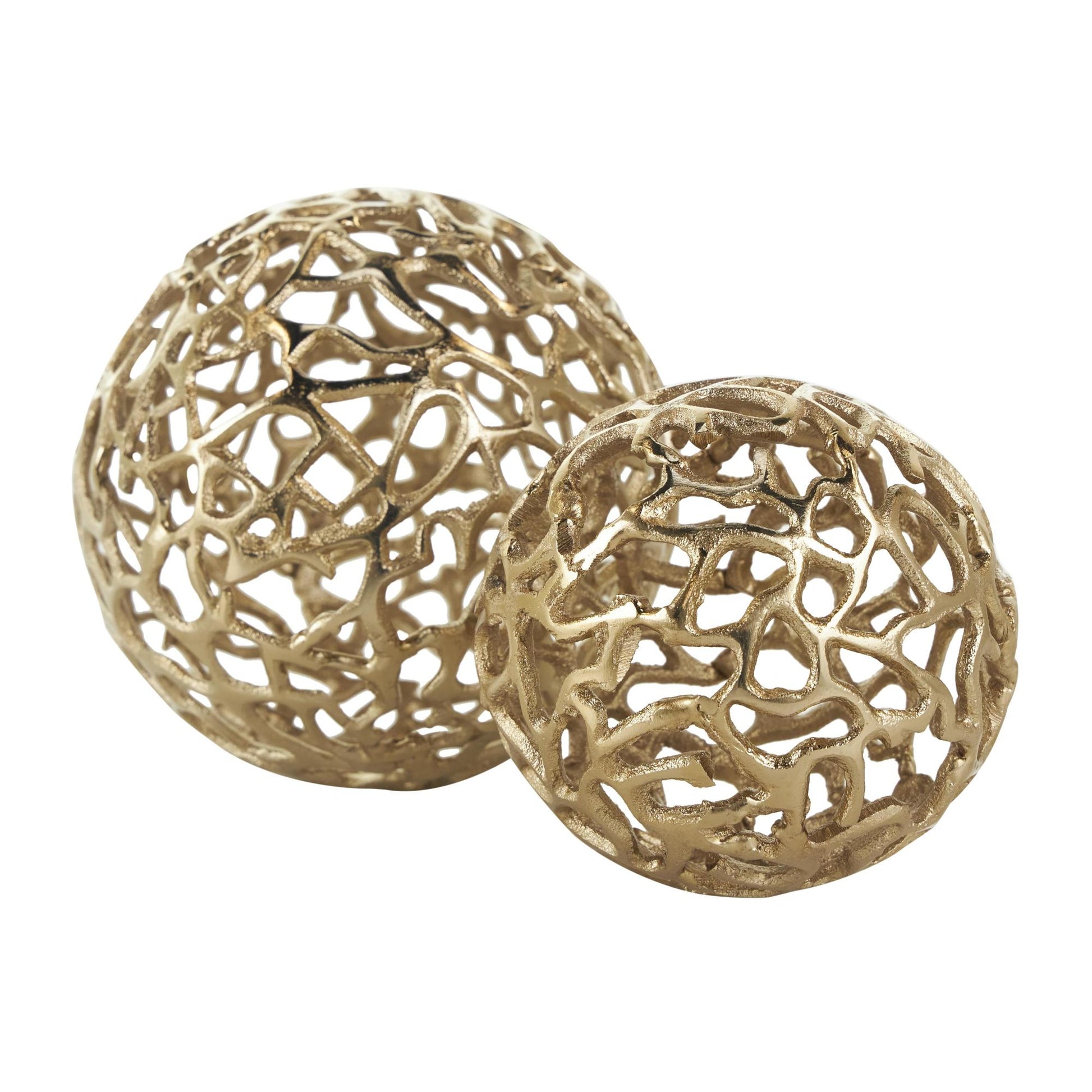 Set of 2 Coral Aluminum Metal Decorative Orbs & Vase Filler with Open Lattice Work