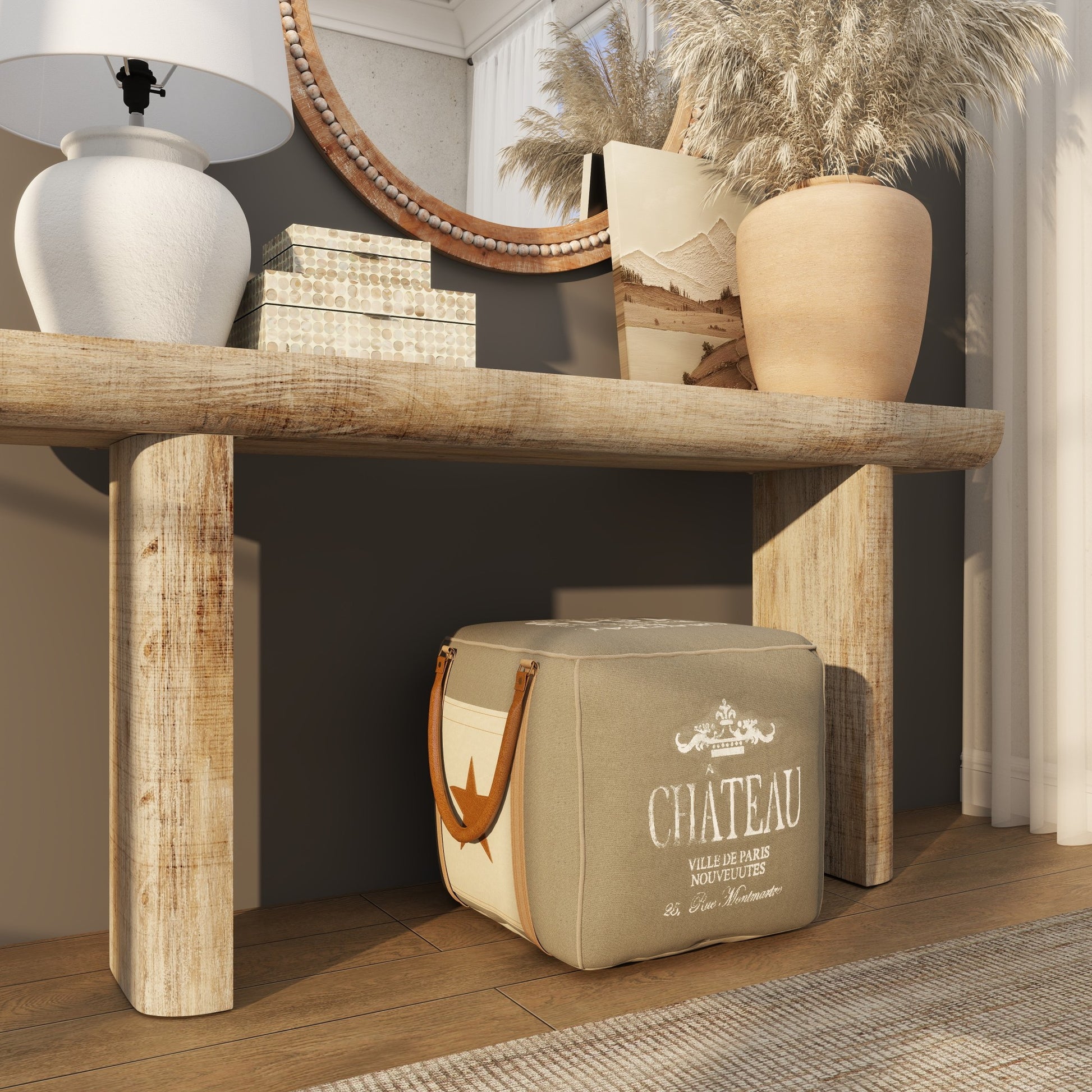 Scroll Canvas France Inspired Stuffed Pouf with Leather Star Pocket and Handles