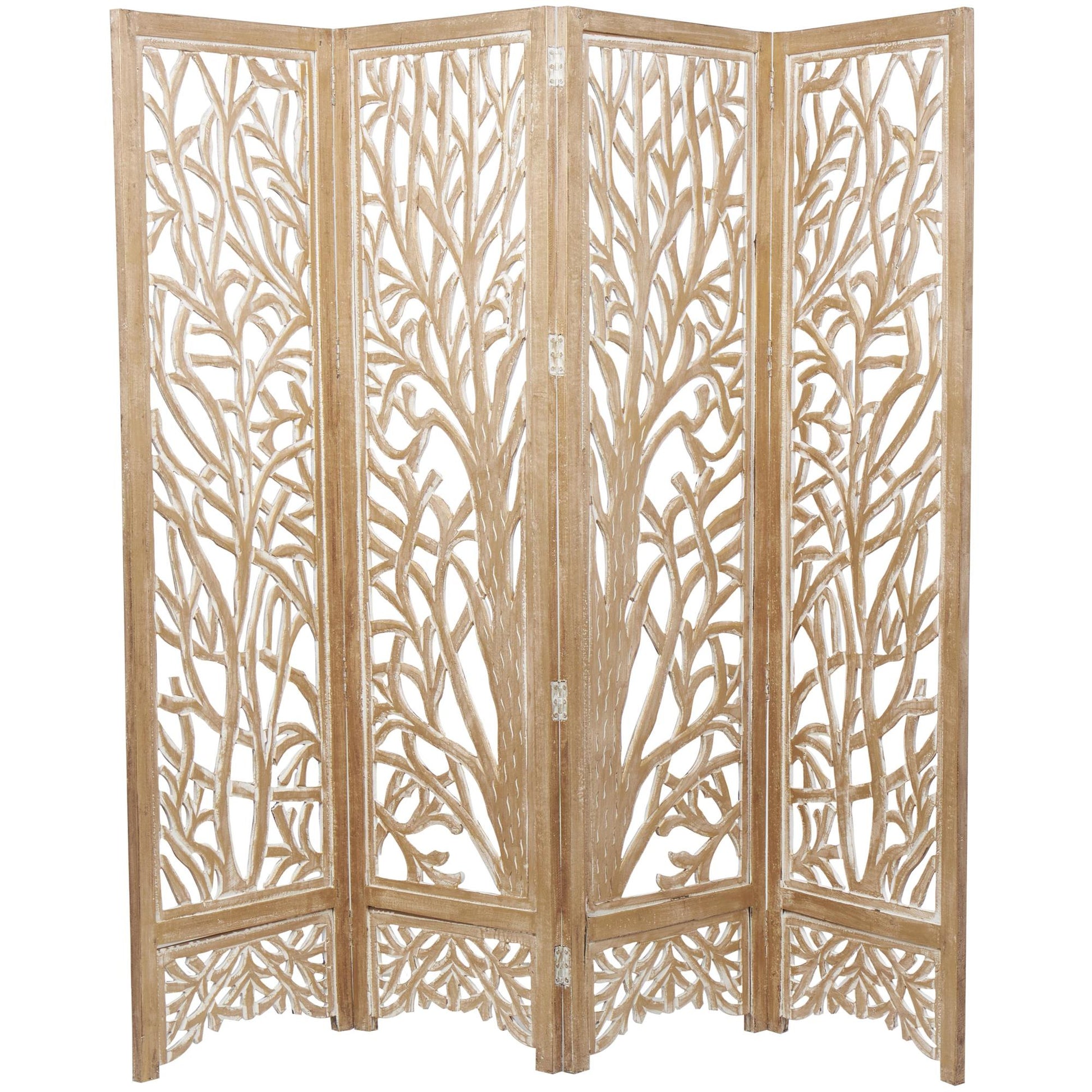 Tree Gold Wooden Hinged Foldable Partition 4 Panel Partition Room Divider Screen with Carved Designs