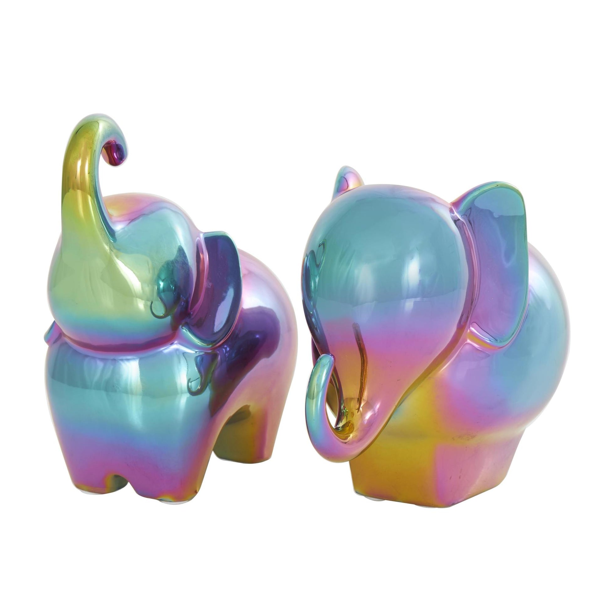 Set of 2 Elephant Ceramic Decorative Sculpture with Rainbow Shimmer Finish