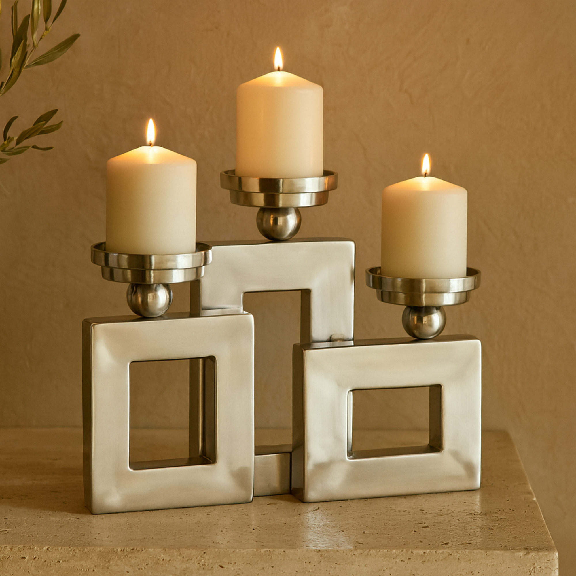 Stainless Steel Metal Pillar 3 Plate Decorative Candle Holder 14" x 6" x 11"