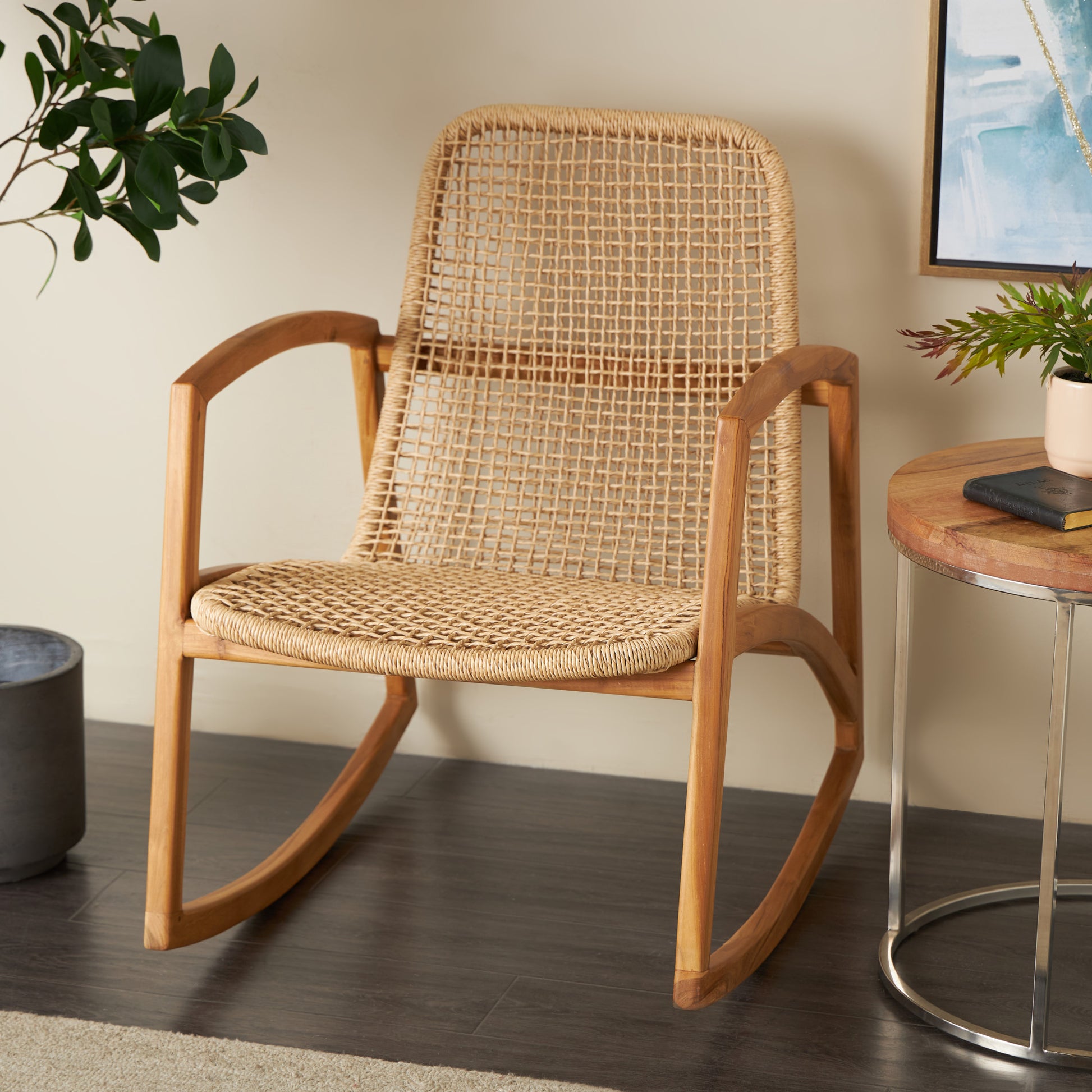 Light Brown Plastic Rattan Handmade Woven Rectangular Living Room Accent Chair with Teak Frame