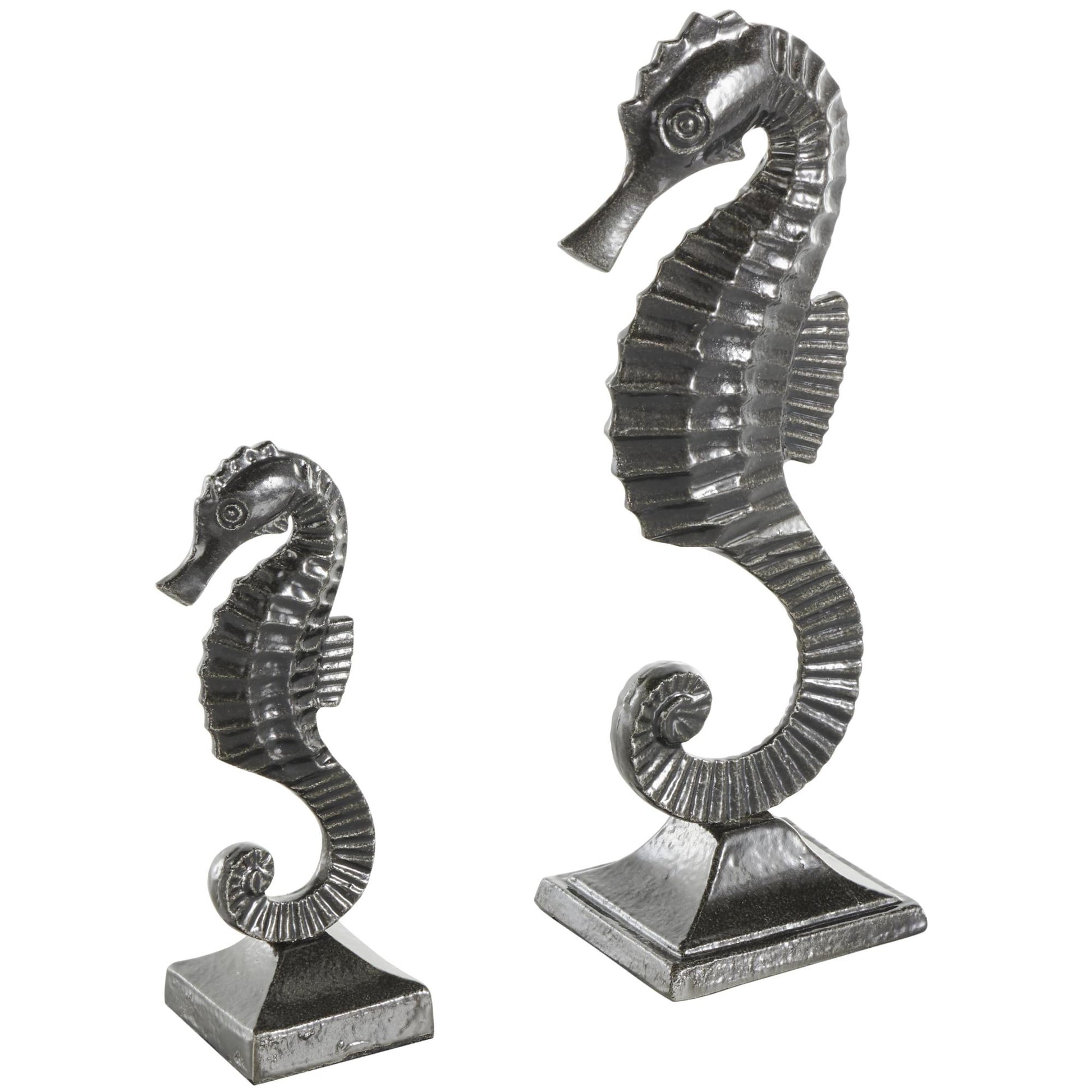 Set of 2 Sea Horse Black Aluminum Metal Decorative Sculpture with Square Bases