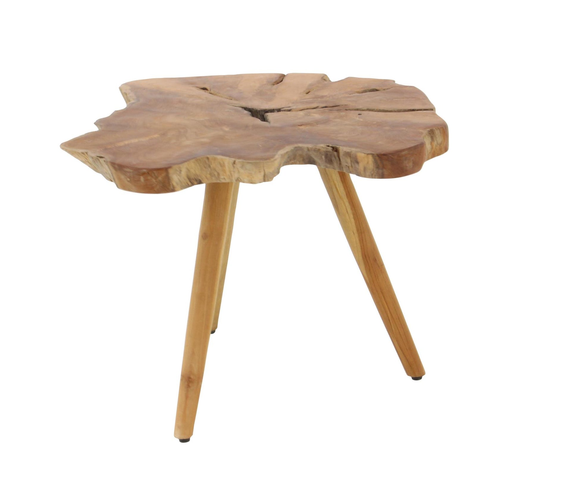 Brown Teak Wood Handmade Live Edge Side End Accent Table with Tripod Legs