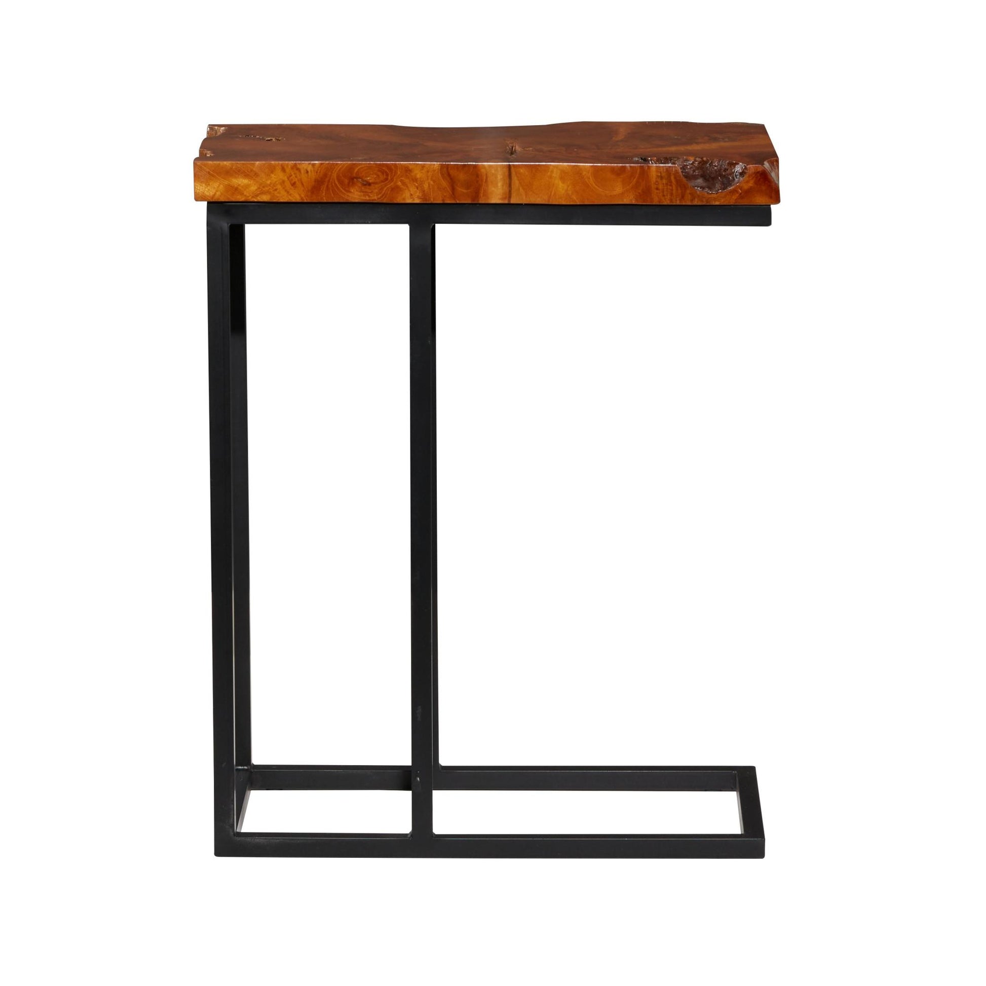 Brown Teak Wood Live Edge Top Side End Accent Table with Black Metal Base