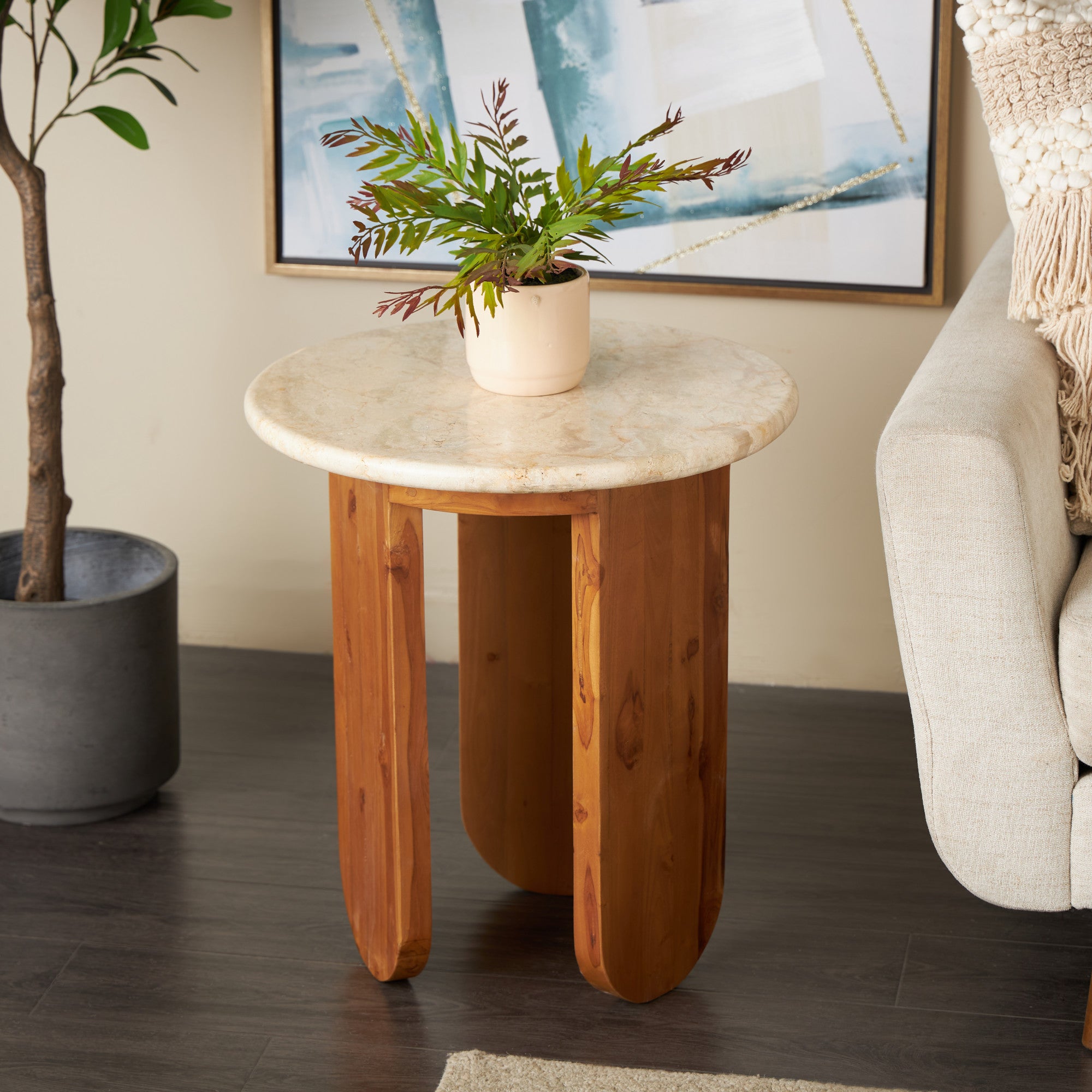 Brown Teak Wood Handmade Side End Accent Table with Beige Marble Tabletop
