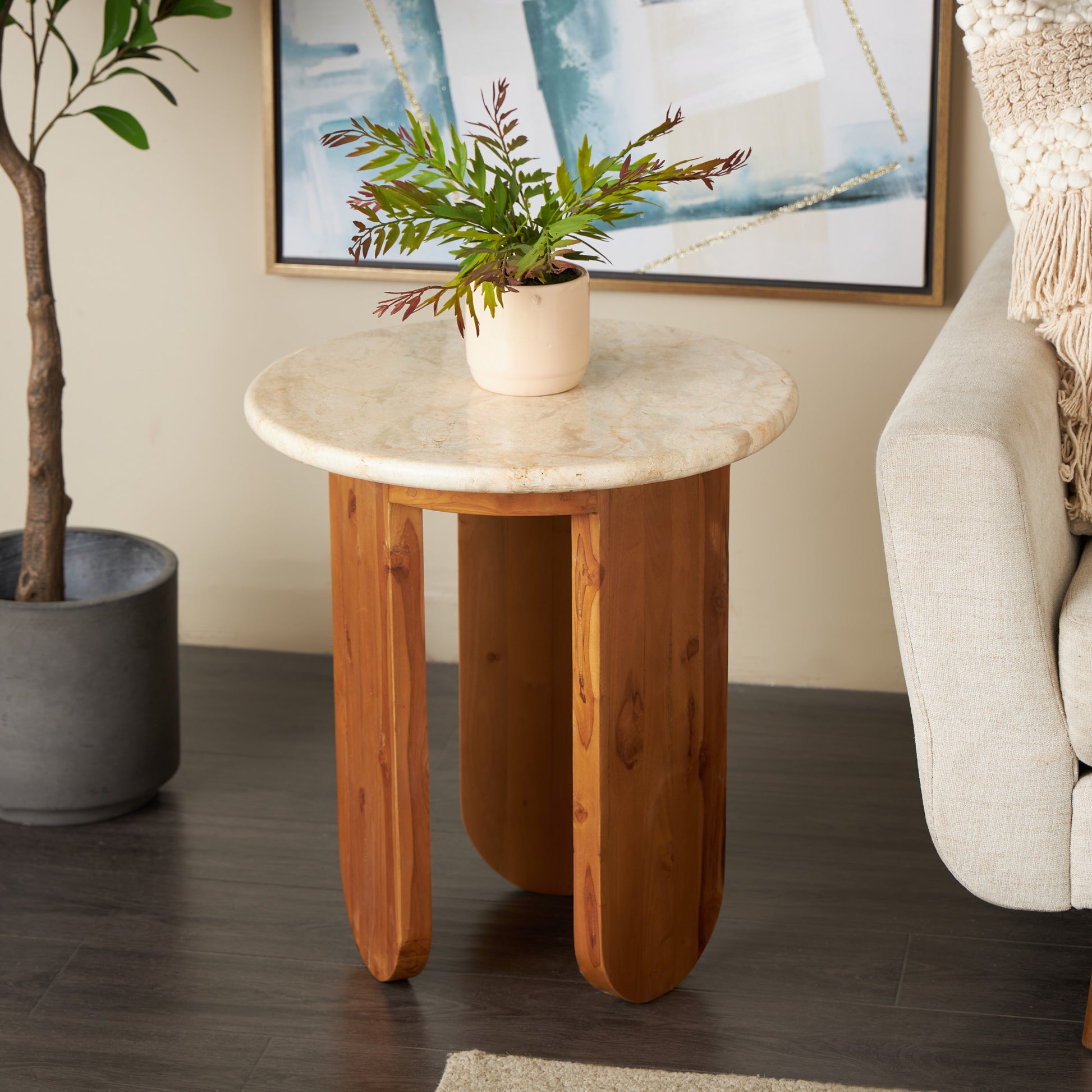 Brown Teak Wood Handmade Side End Accent Table with Beige Marble Tabletop