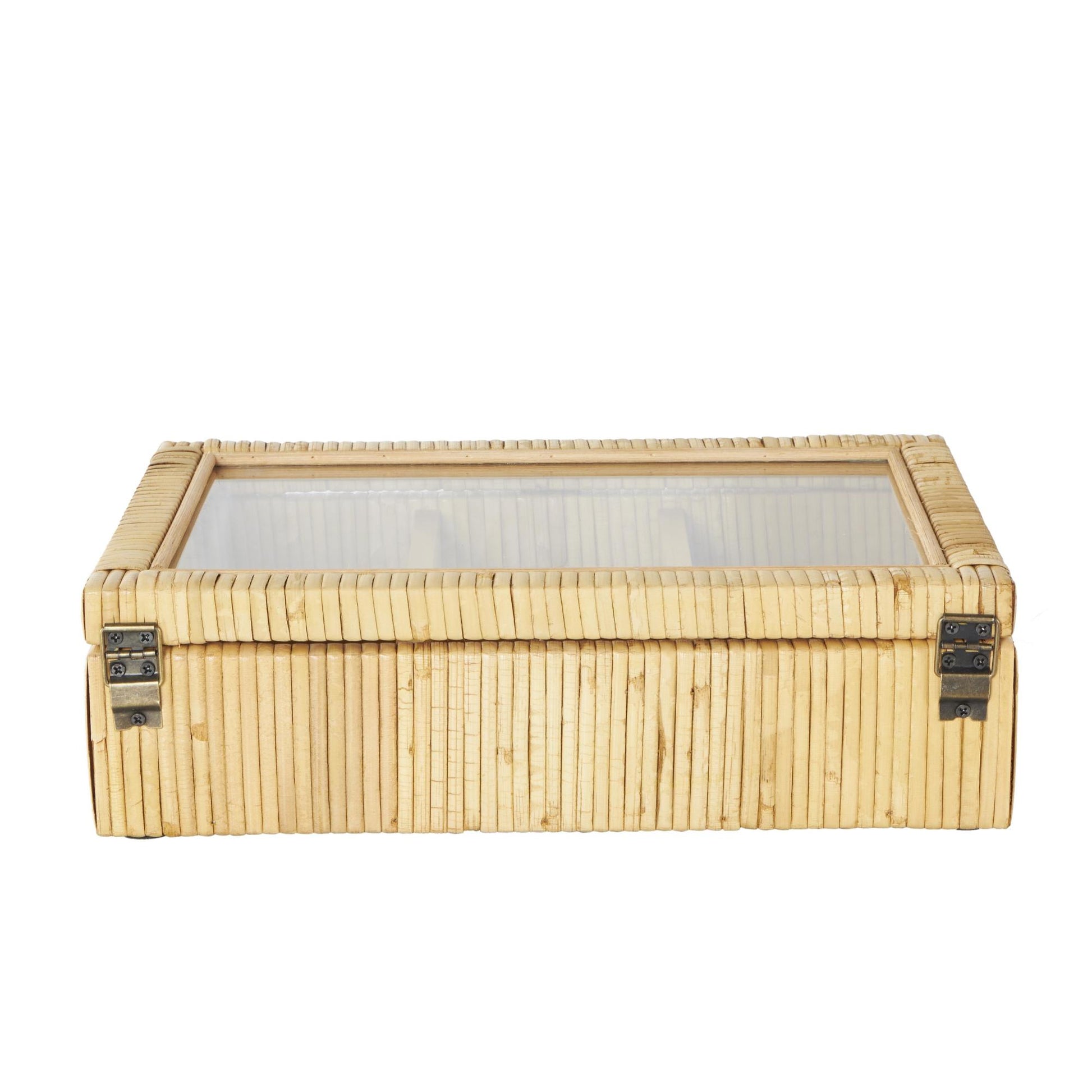 Brown Rattan Handmade Wrapped 6 Slot Decorative Jewelry Box with Tempered Glass Top