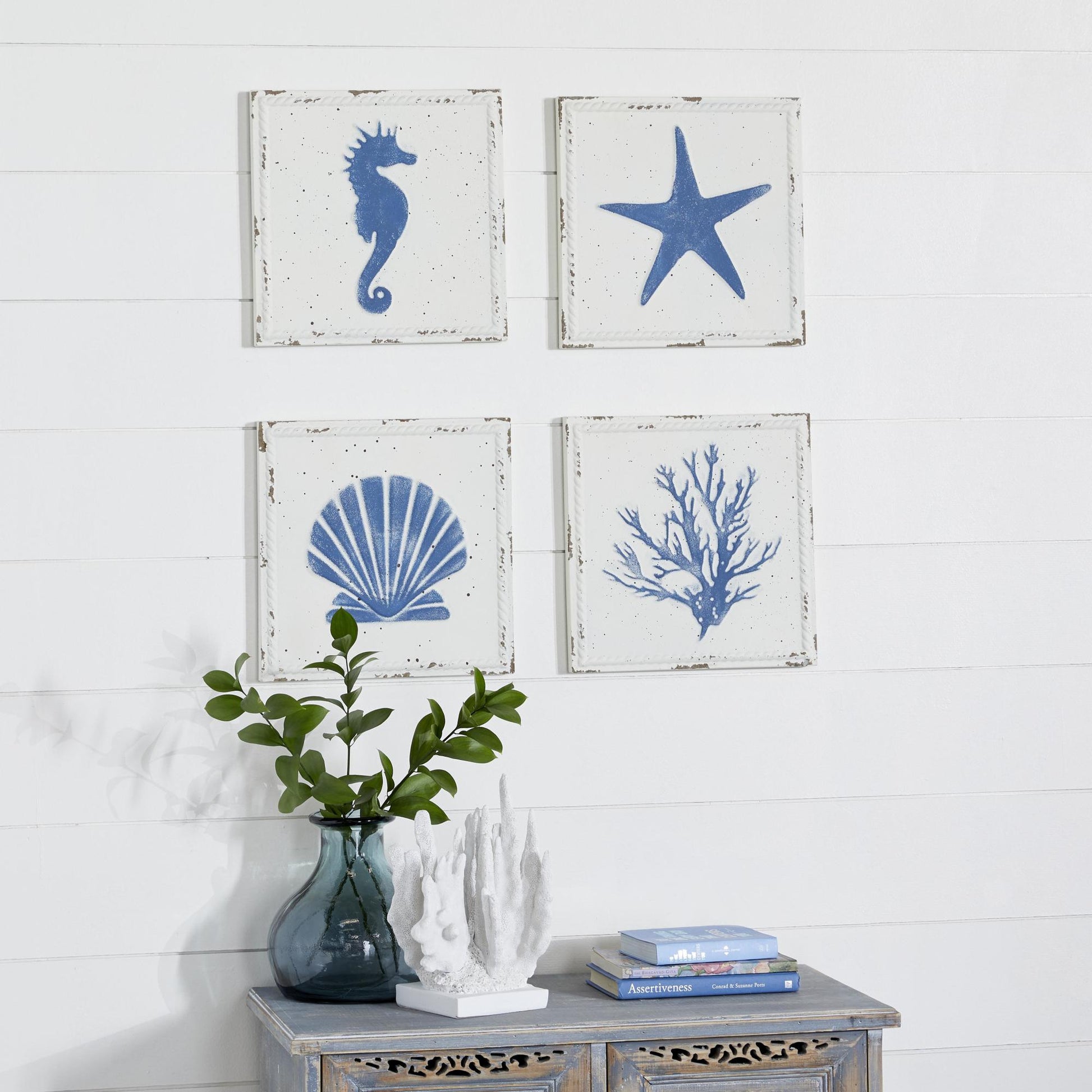 Set of 4 Sea Horse Metal Speckled Home Wall Decor with Starfish, Shell, and Coral Designs Set of 4 12"W, 12"H