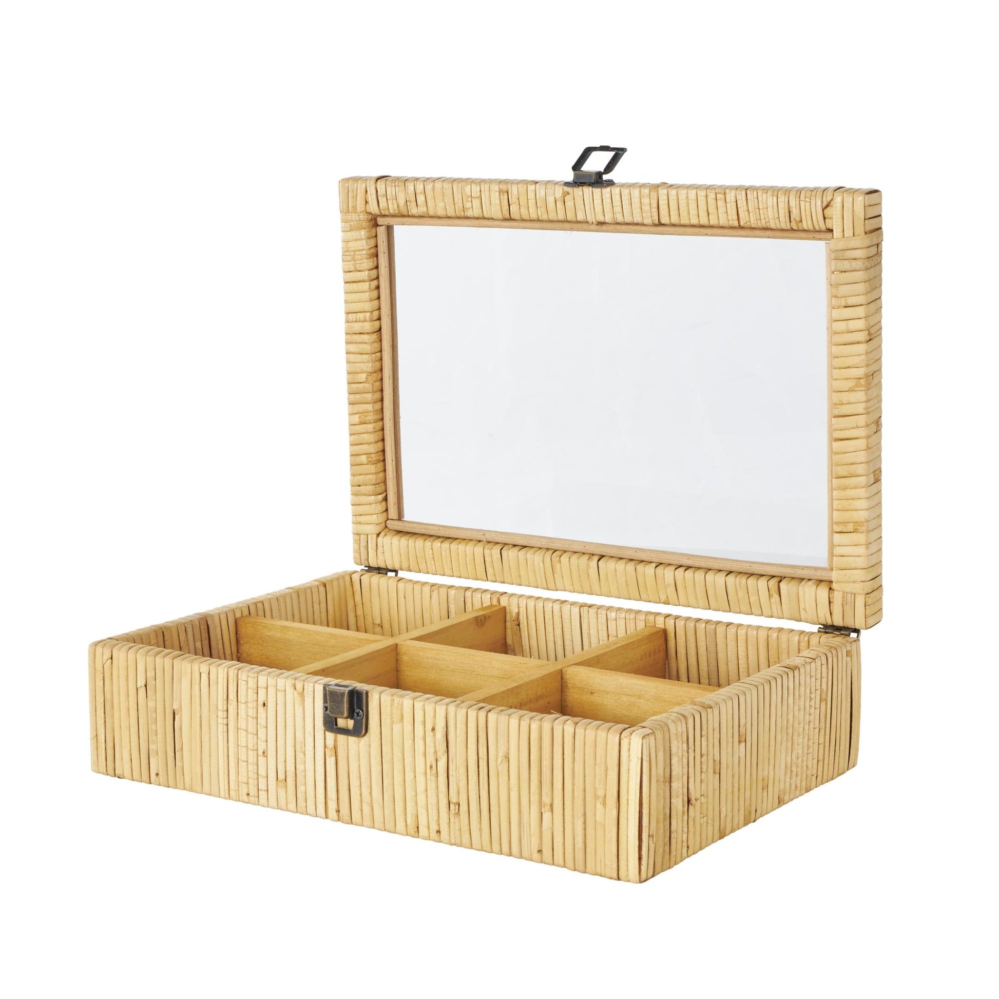 Brown Rattan Handmade Wrapped 6 Slot Decorative Jewelry Box with Tempered Glass Top