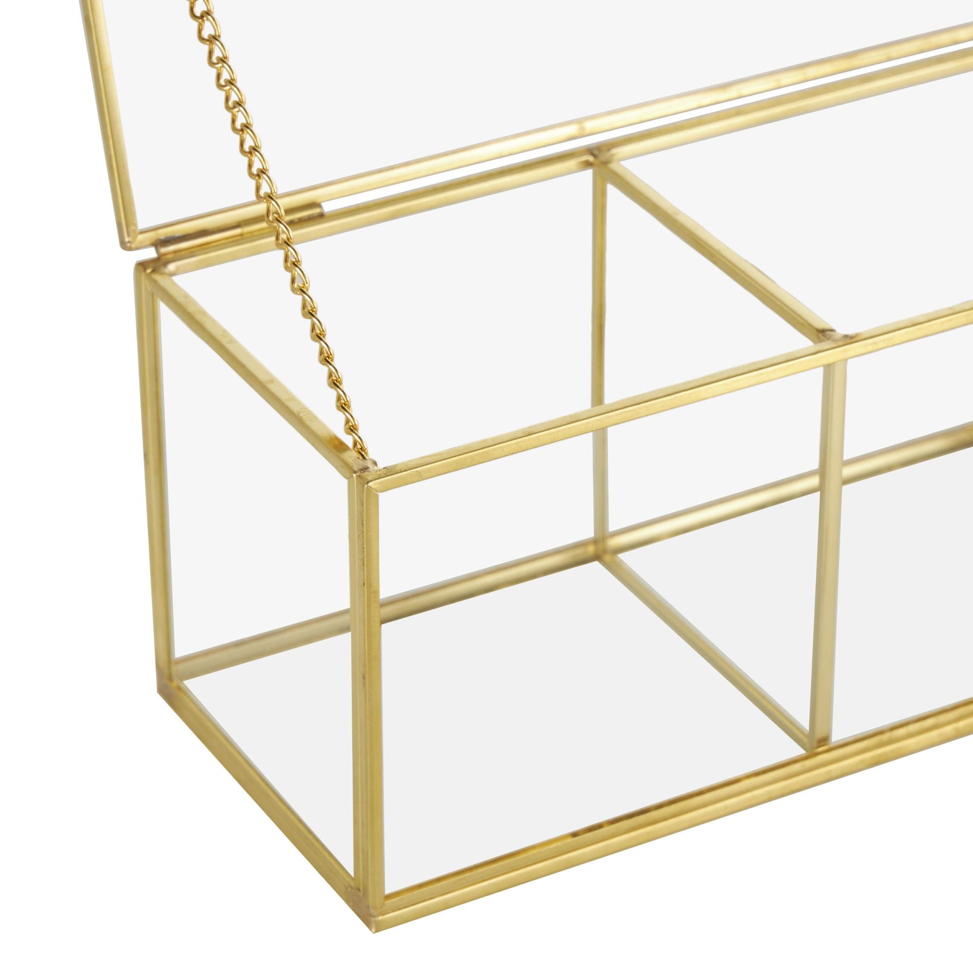 Clear Glass Slim Rectangular 3 Slot Decorative Jewelry Box with Gold Metal Frame and Chain Accent