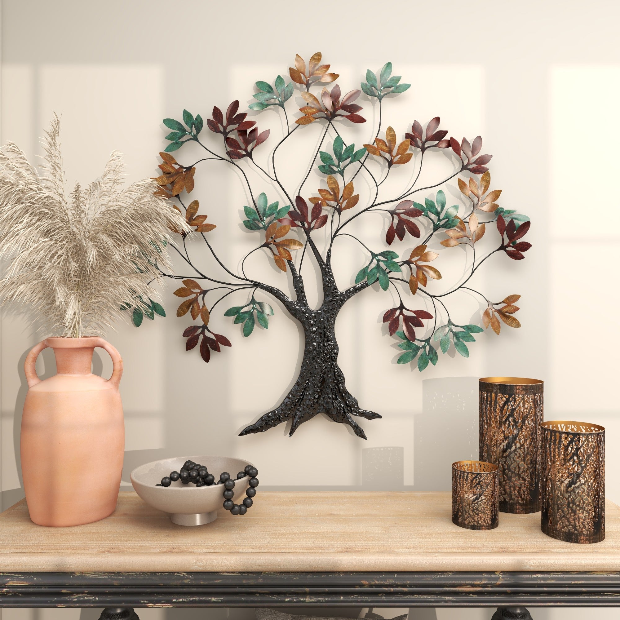 Tree Multi Colored Metal Home Wall Decor with Leaf Detail