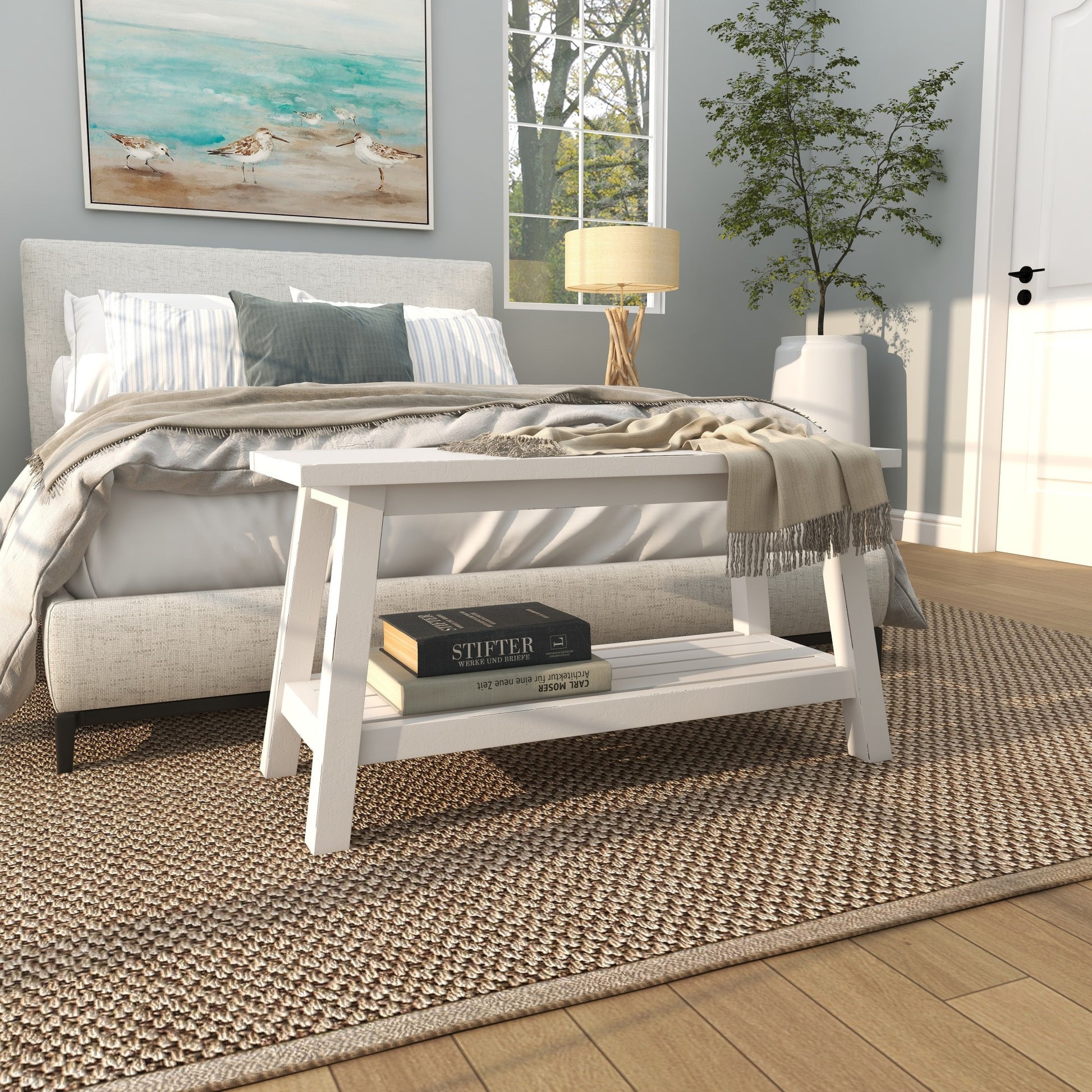 White Wood Home Bench with Slatted Wood Base
